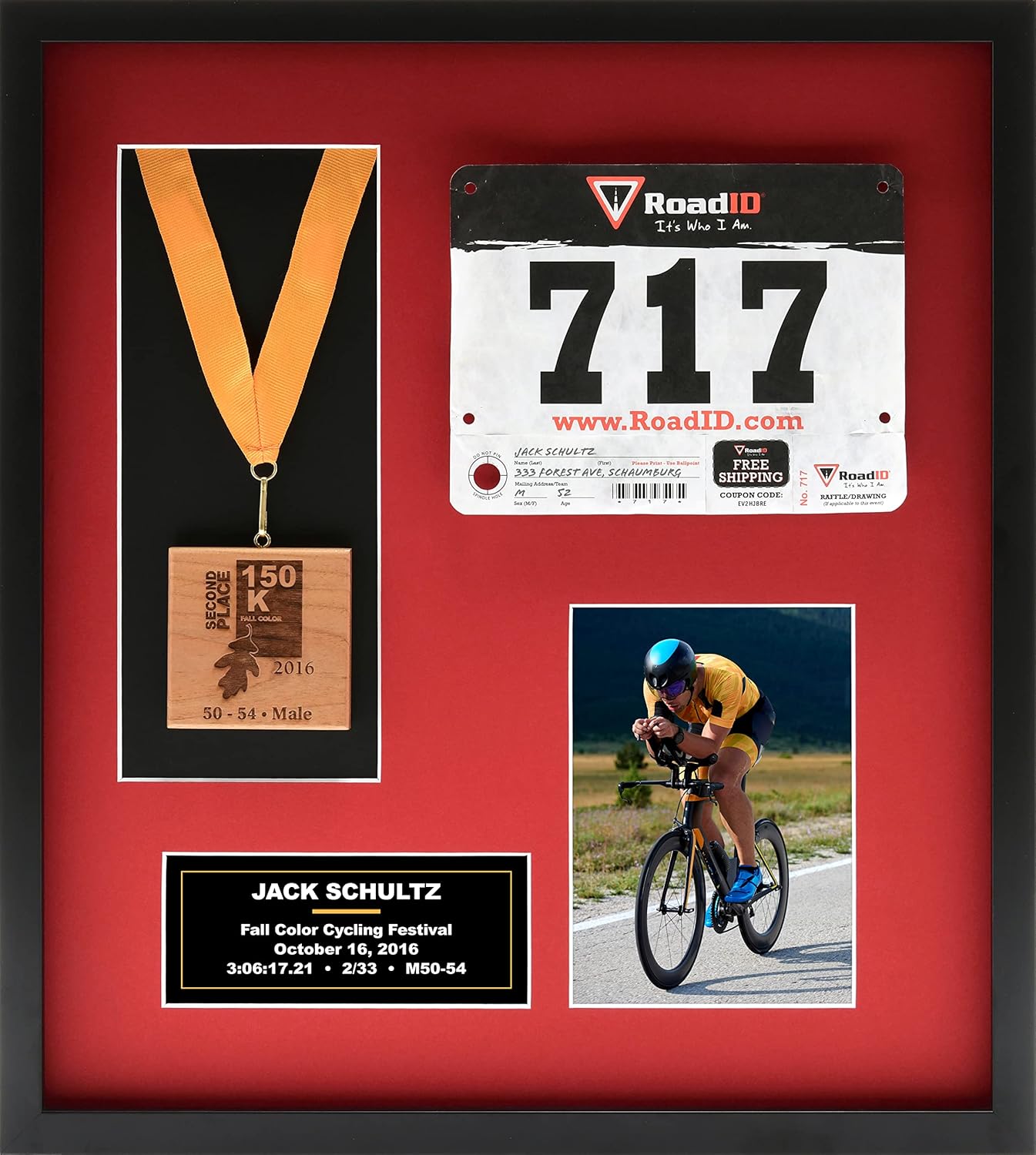 Runners/Sports Pro Display Frame for Medal Award, Racing Bib/Other, Photo & Printed Graphic Info Insert for Marathon Event, 10K, 5K, Triathlon, Biking, Swimming & Other Sport, Academic, Artistic, etc. Achievements (Black/Silver Mats)