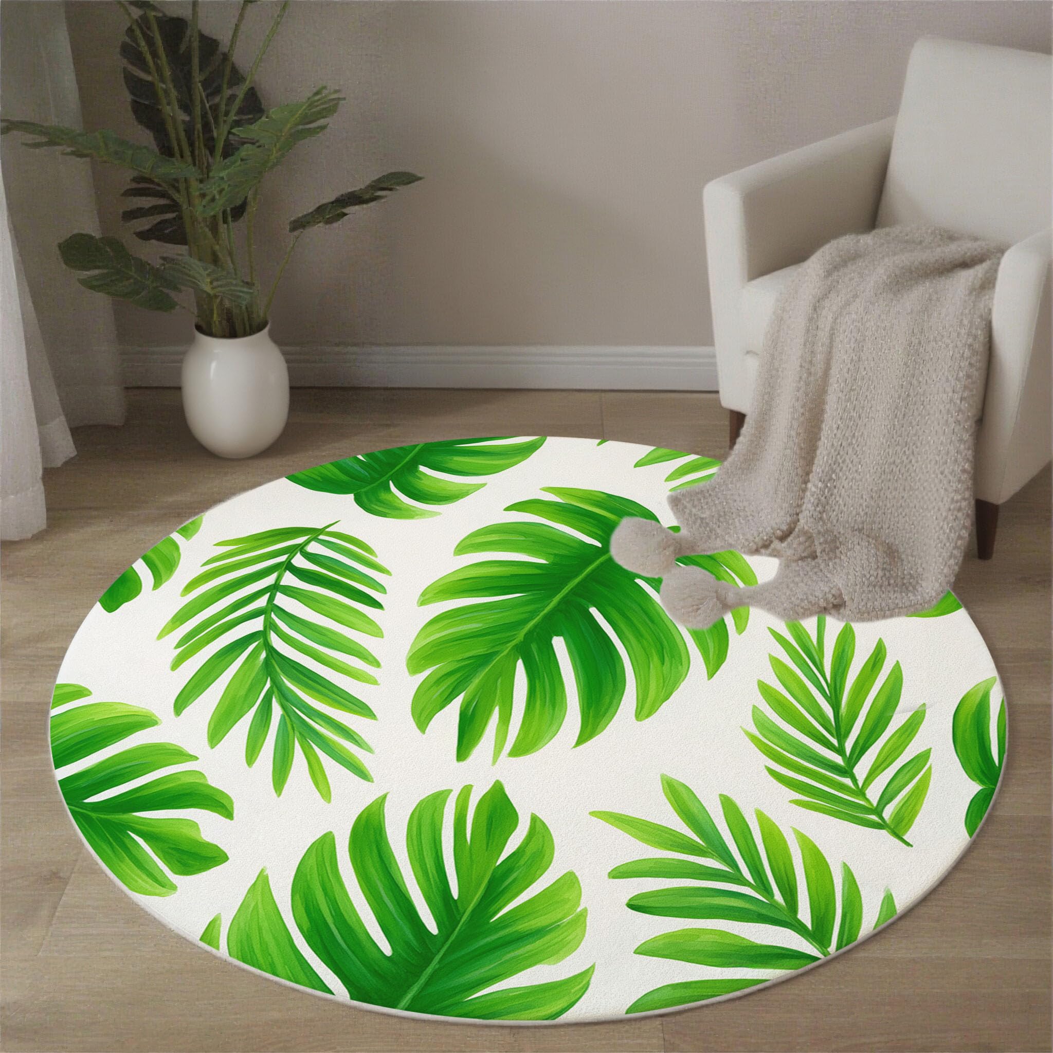 Tapis rond botanique 120cm en poils courts vert vif lavable et antidérapant