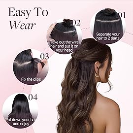 GOO GOO Wire Hair Extensions Human Hair, 4A Chocolate Brown Natural 12inch 70g, Invisible Wire Hair Extensions with Transparent, Seamless Fish Line Hairpiece