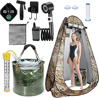 Portable Shower with Heater & Tent – 6.6 Gallon Foldable Bucket, 1500W Auto-Off Heater, 6000mAh Rechargeable Portable Camping Shower Pump, Digital Temp & Power Display for Hiking & Beach