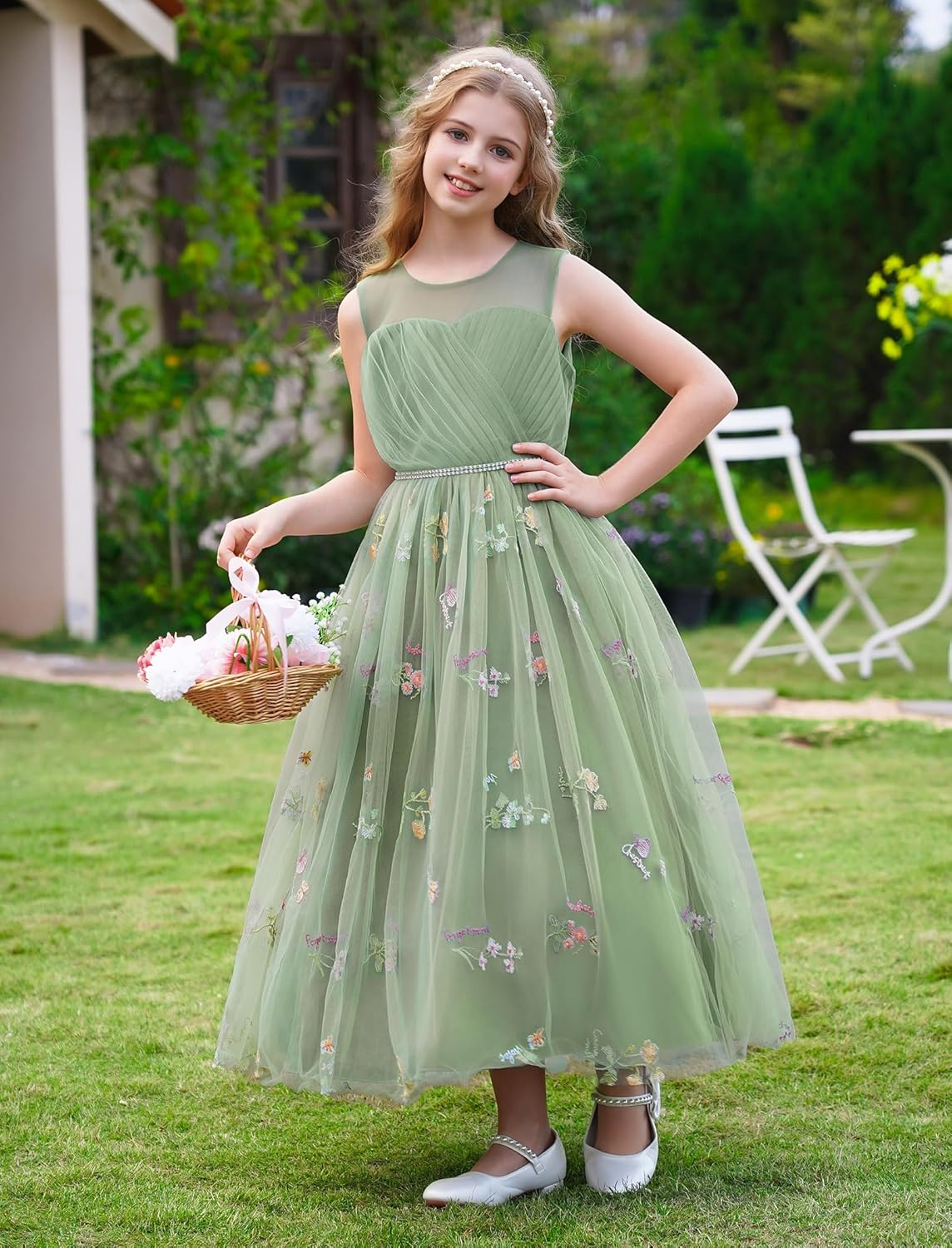 OBEEII Flower Girl Dress for Wedding Floral Embroidery Tulle Princess Dress Junior Bridesmaid Birthday Pageant Dress - Image 3