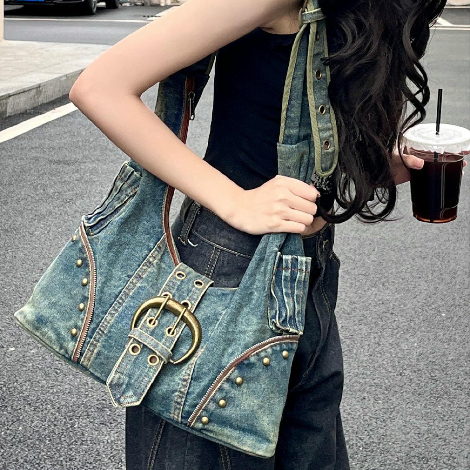 Borsa A Tracolla Tote in Denim di Grande capacità da Donna-Blu