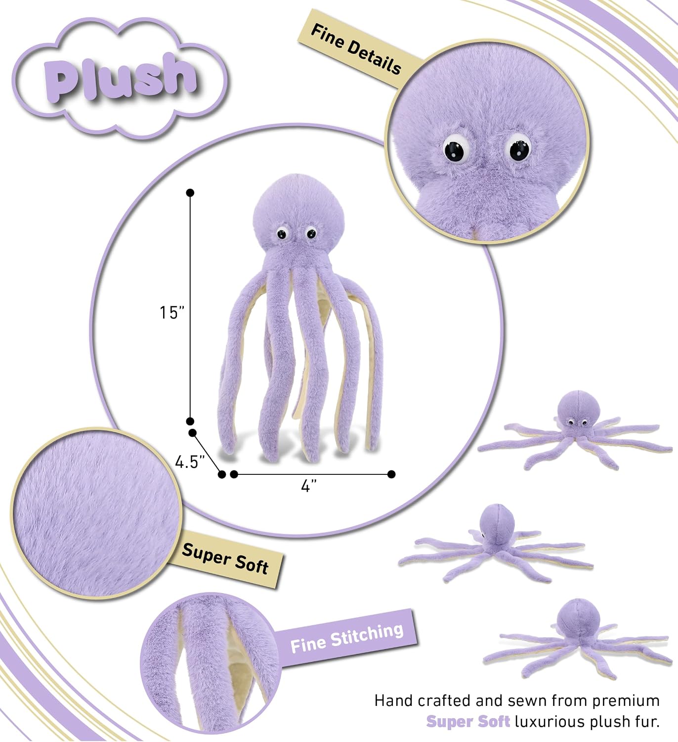 DolliBu Purple Octopus Super Soft Stuffed Animal, Cute Realistic Stuffed Animals for Girls, Boys, Adults Animal Gifts, Kids Nursery Decor for Newborn, Cuddly Soft Baby Plush Toys - 15 Inches