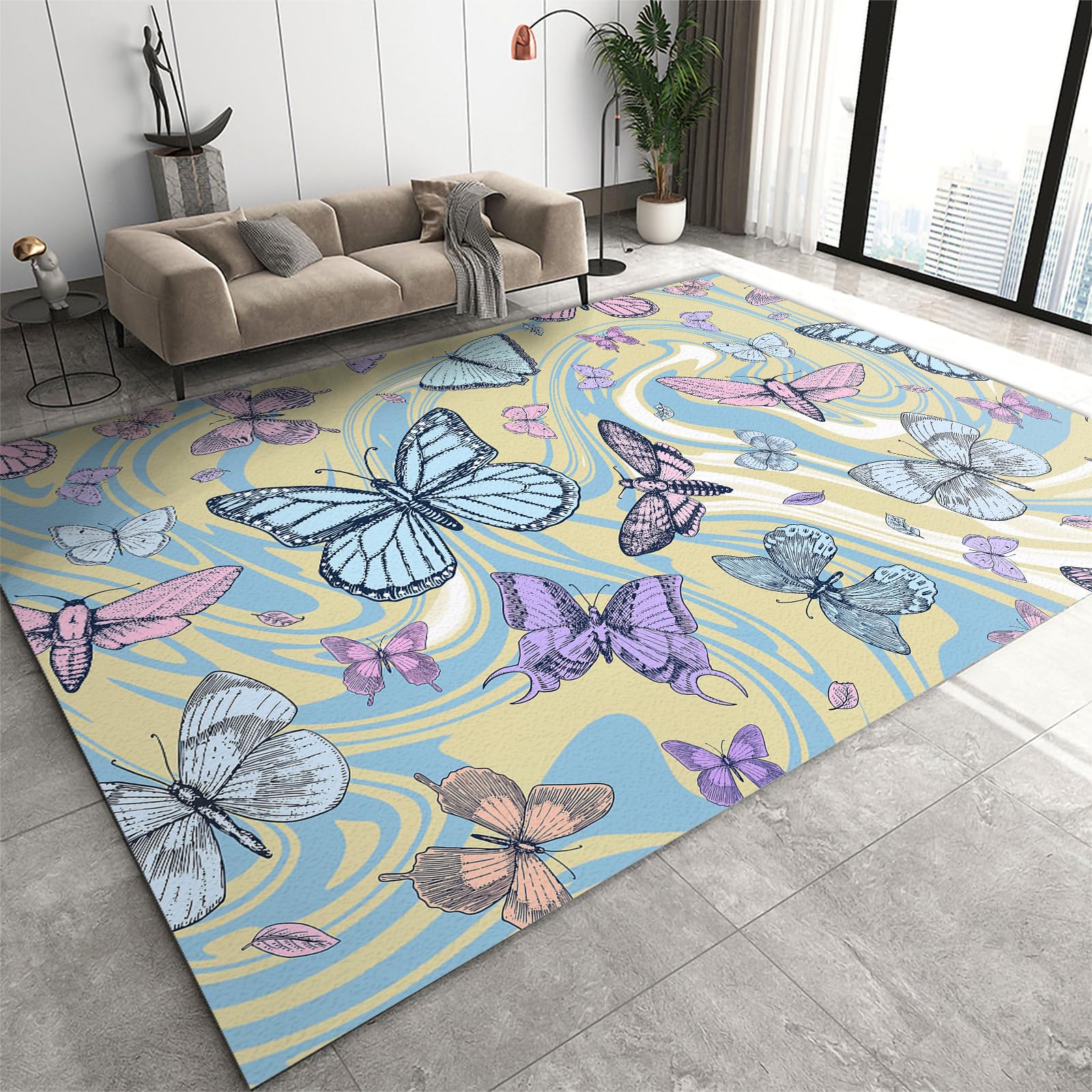 FIEMAR Area Rug 90x150cm Light Luxury Swirl Waves Fashion Area Rug, Butterfly Print Indoor Carpet Rug, Rugs for Living Room Machine Washable Non Slip Low Pile All-Match for Bathroom Hallway Kitchen