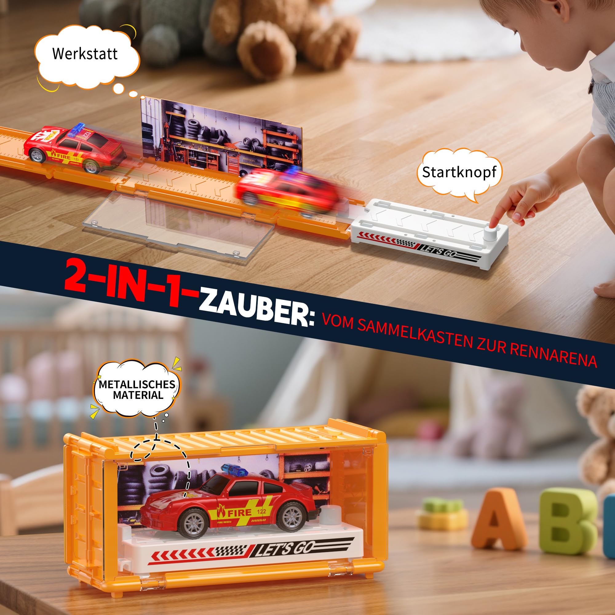 Set di giocattoli per auto, auto giocattolo in metallo con pista e garage, piccole auto per bambini dai 3 anni in su, regalo di compleanno per ragazzi e ragazze