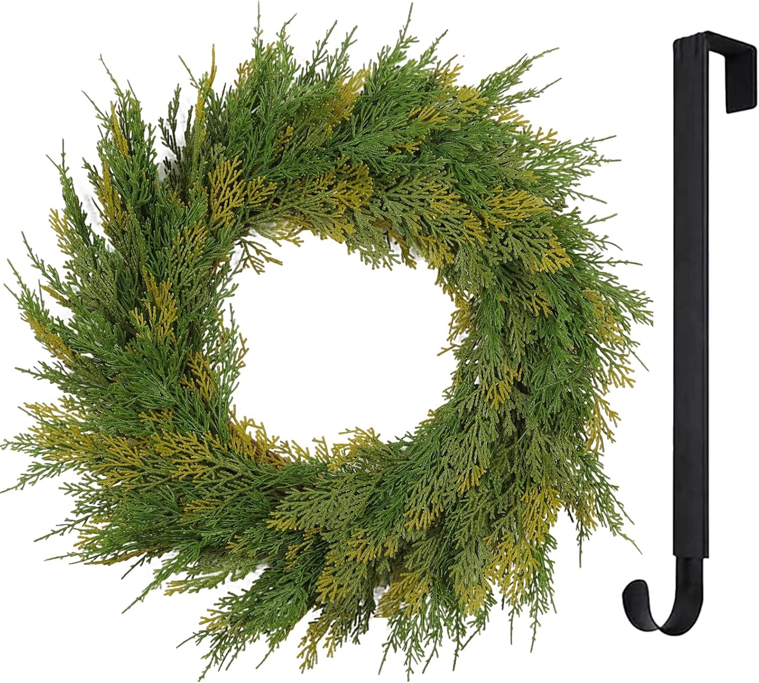22” Real Touch Cedar Christmas Wreath with Lights Hanger for Front Door Indoor Artificial Evergreen Pine Branches Realistic Greenery Winter Porch Décor Fireplace Wall Decorations Faux Cedar