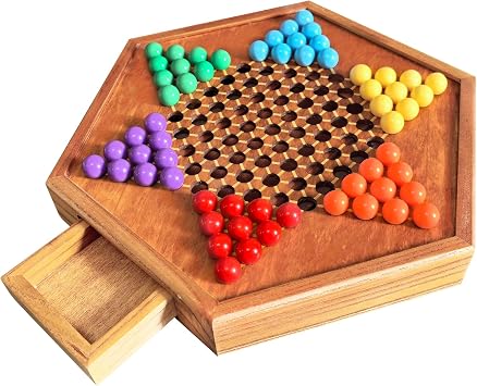 HOLYKING 12.6" Wooden Chinese Checkers Board Game with Storage Drawer 72 Acrylic Marbles 60+12 Spares, Classic Strategy Game for Family Night, 2-6 Players
