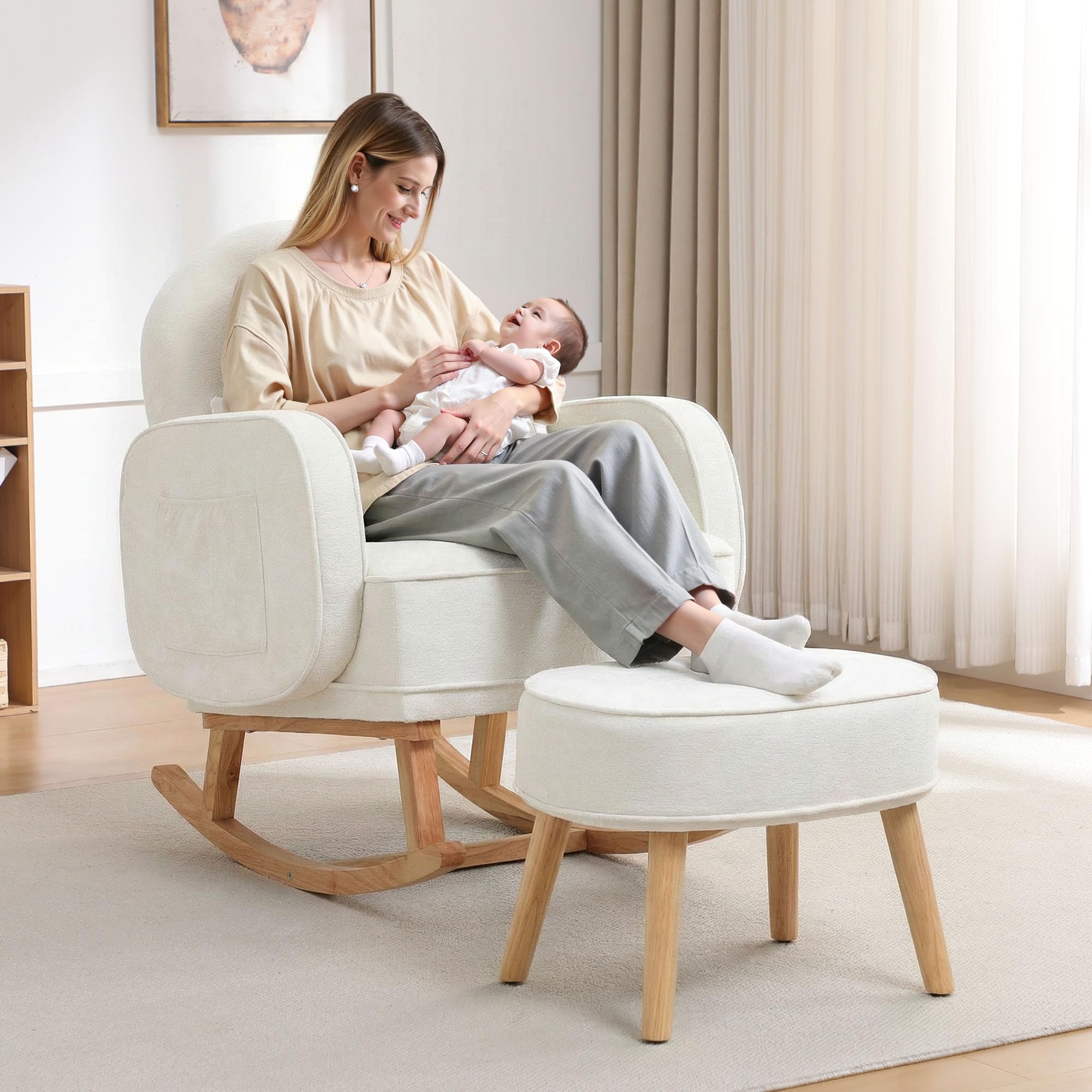 HCHAIRH Rocking Chair with Ottoman, Upholstered Glider Rocker with High Backrest and Side Pocket, Comfy Chenille Reading Chair with Solid Wood Legs for Nursery, Living Room,Bedroom Beige