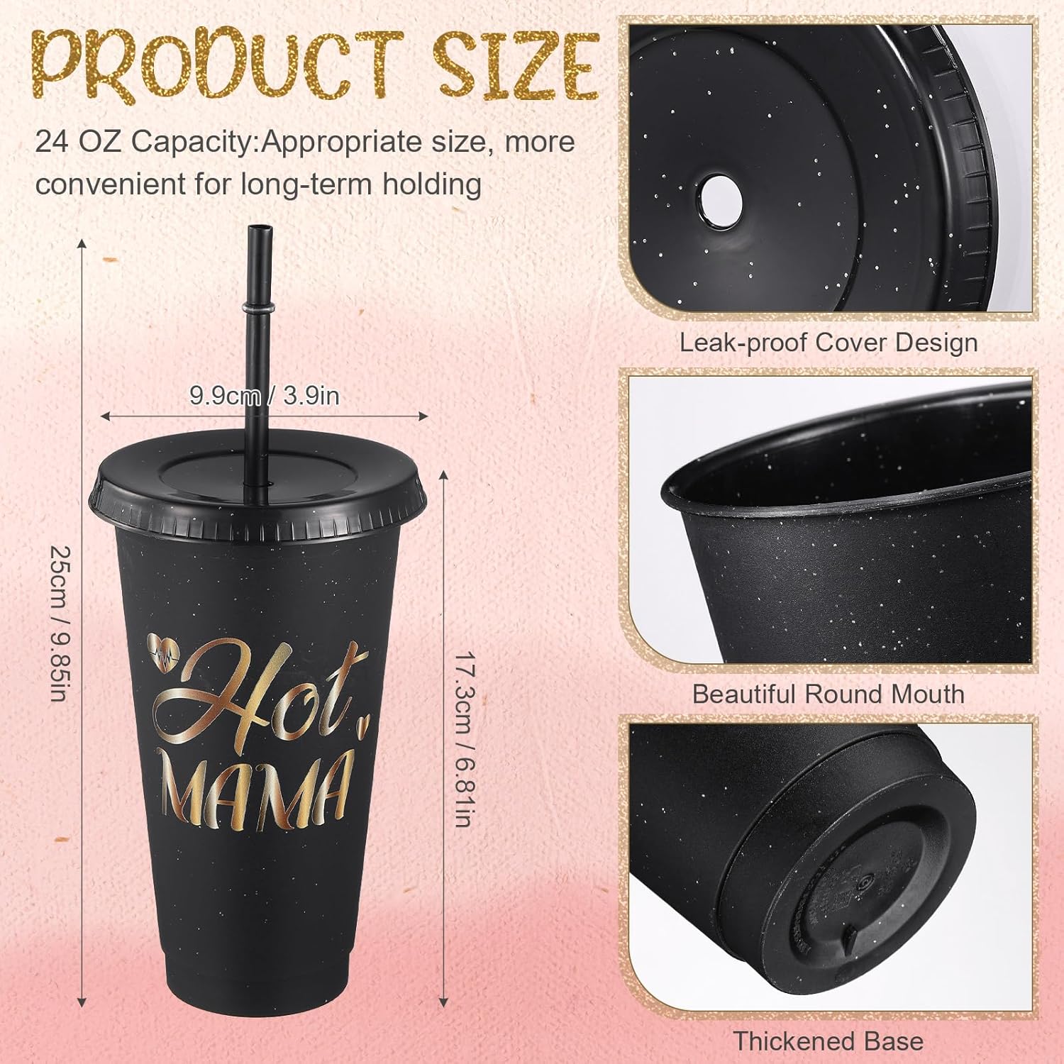 Baderke 12 Pcs Birthday Party Glitter Tumblers 24 oz Squad Plastic Tumblers with Lid and Straw for 20th 30th 40th 50th 60th Birthday Decorations Favor for Women Adults(Black) - Image 2