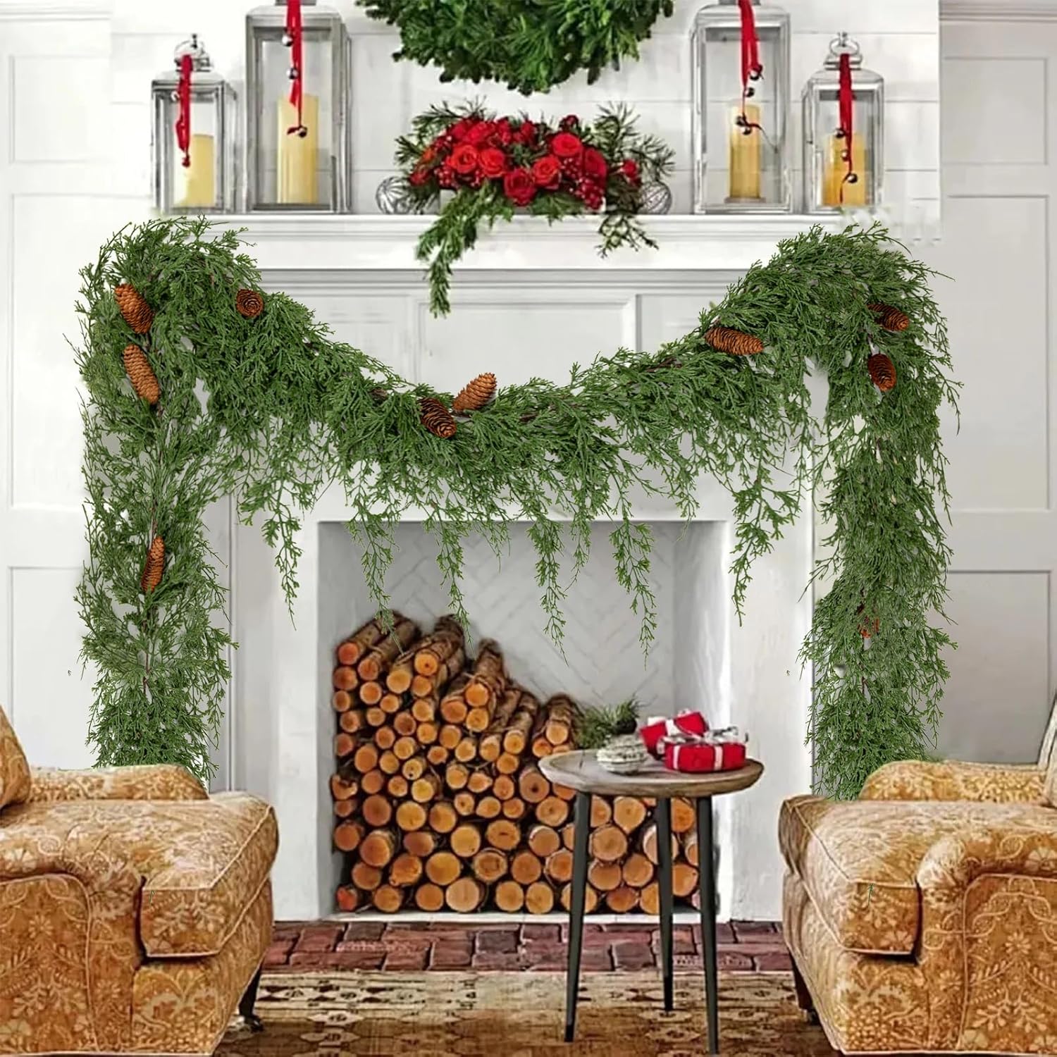 Hollyone 6FT Real Touch Cedar Garland Artificial Realistic Winter Pine Garlands Christmas Drop Faux Cedar Garland Artificial Greenery Plant for Table Fireplace Mantle Wall Mantle Christmas Home Decor - Image 6