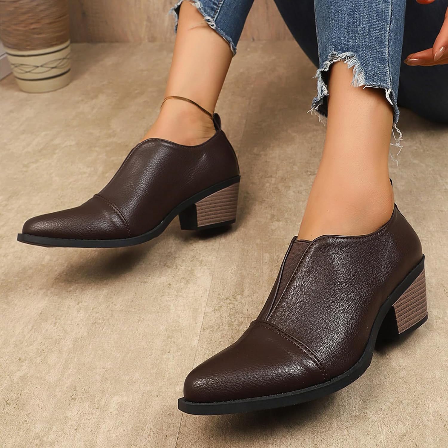 Women's Chunky Low Heel Ankle Booties Fashion V Cut Stacked Low Heeled Booties Comfortable Slip on Pointed Toe Casual Dress Pumps