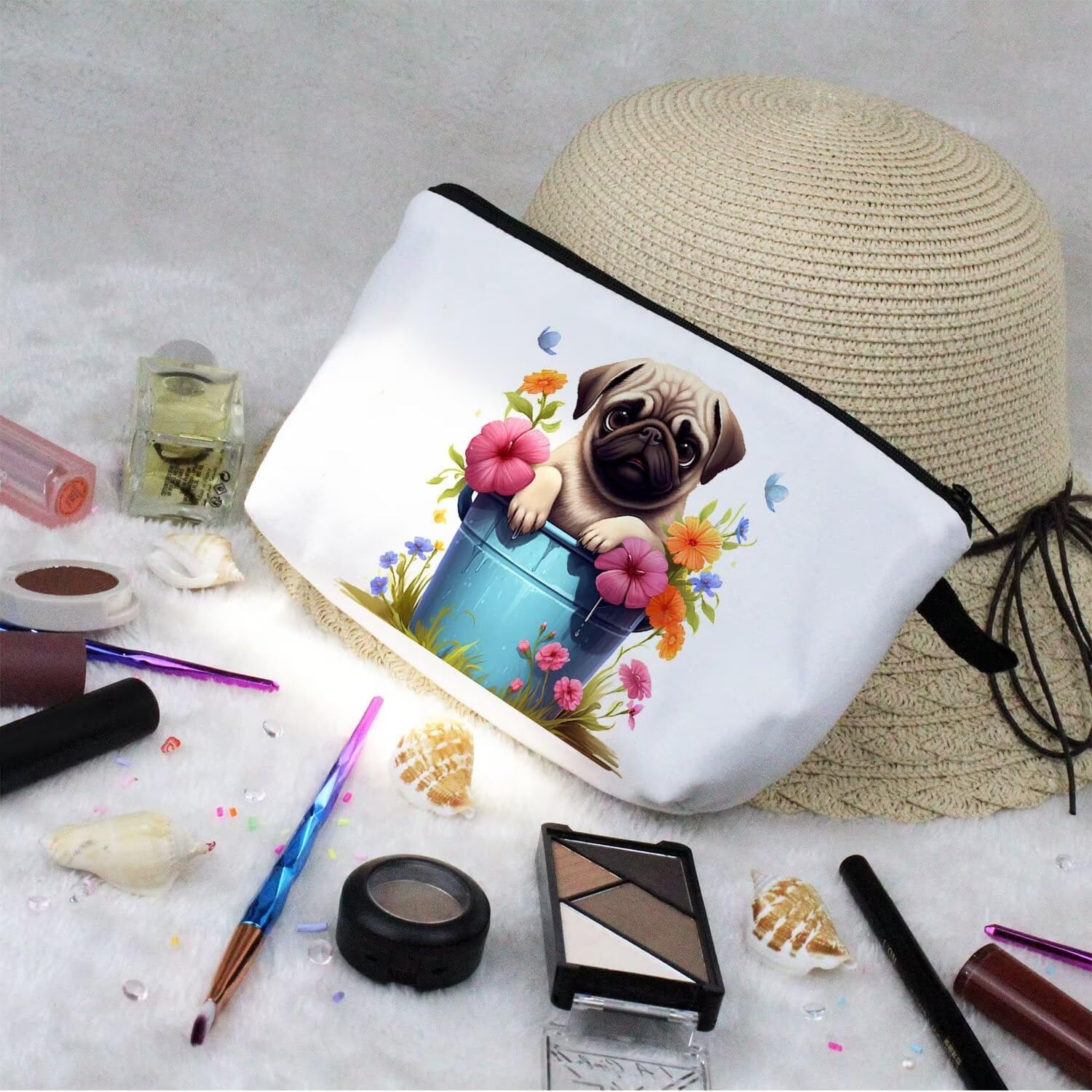 Floral Pug Makeup Bag Cute Small Organizer Zipper Pouch Floral Pug Cosmetic Bag Birthday Present for Women Friends -1 - Image 7