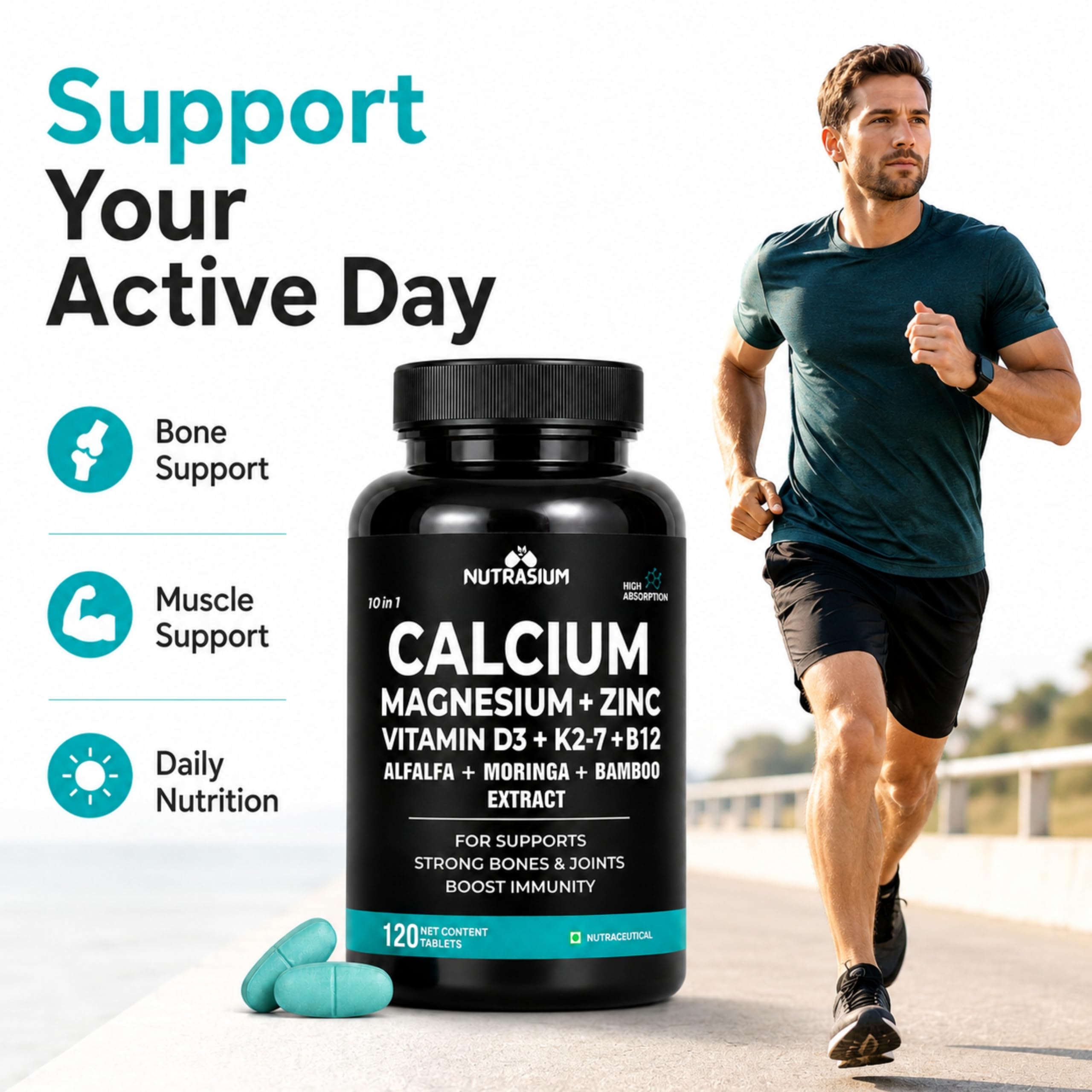 Nutrasium Calcium Magnesium Zinc Tablets with Vitamin D3, Vitamin K2-7 & Vitamin B12 | Alfalfa, Moringa & Bamboo Extract | High Absorption Daily Mineral & Vitamin Supplement | 120 Tablets 4