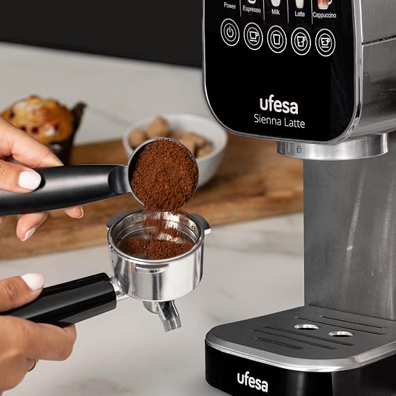 Ufesa Espresso Coffee Maker Sienna Latte 20 Bars with Touch Panel – Thermoblock System, 1360W, Vaporizer, Milk Tank 400 ml, Water Tank 900 ml, Heat Tray, Compact Design