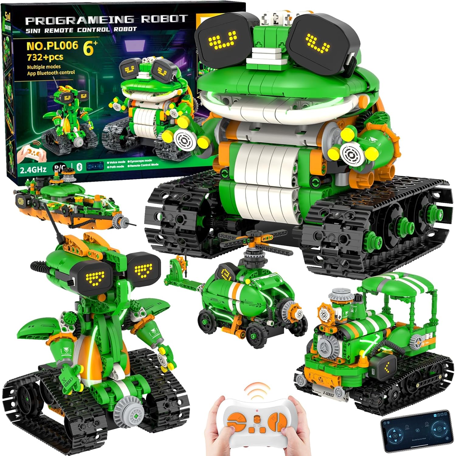 STEM Robot Building Kits for Kids 6-14, 5in1 Remote & APP Controlled STEM Tractor/Frog/Robot Building Toys, 732 Pcs Educational Building Block Sets for Kids, Erector Sets Gifts for Boys Girls