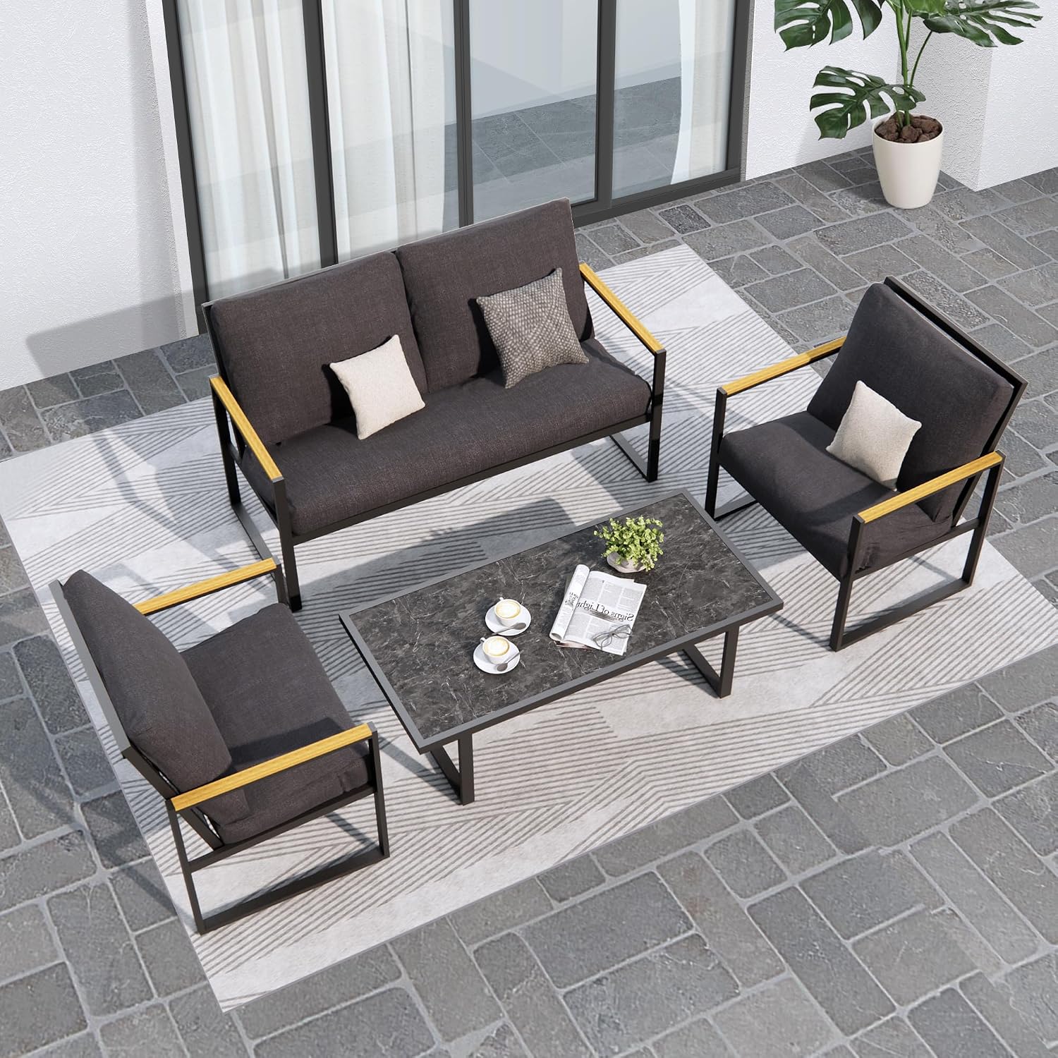 AURA OUTDOOR 2 Pieces Aluminum Patio Ottoman, Outdoor Ottoman With Blue Cushions, Blue OACS005