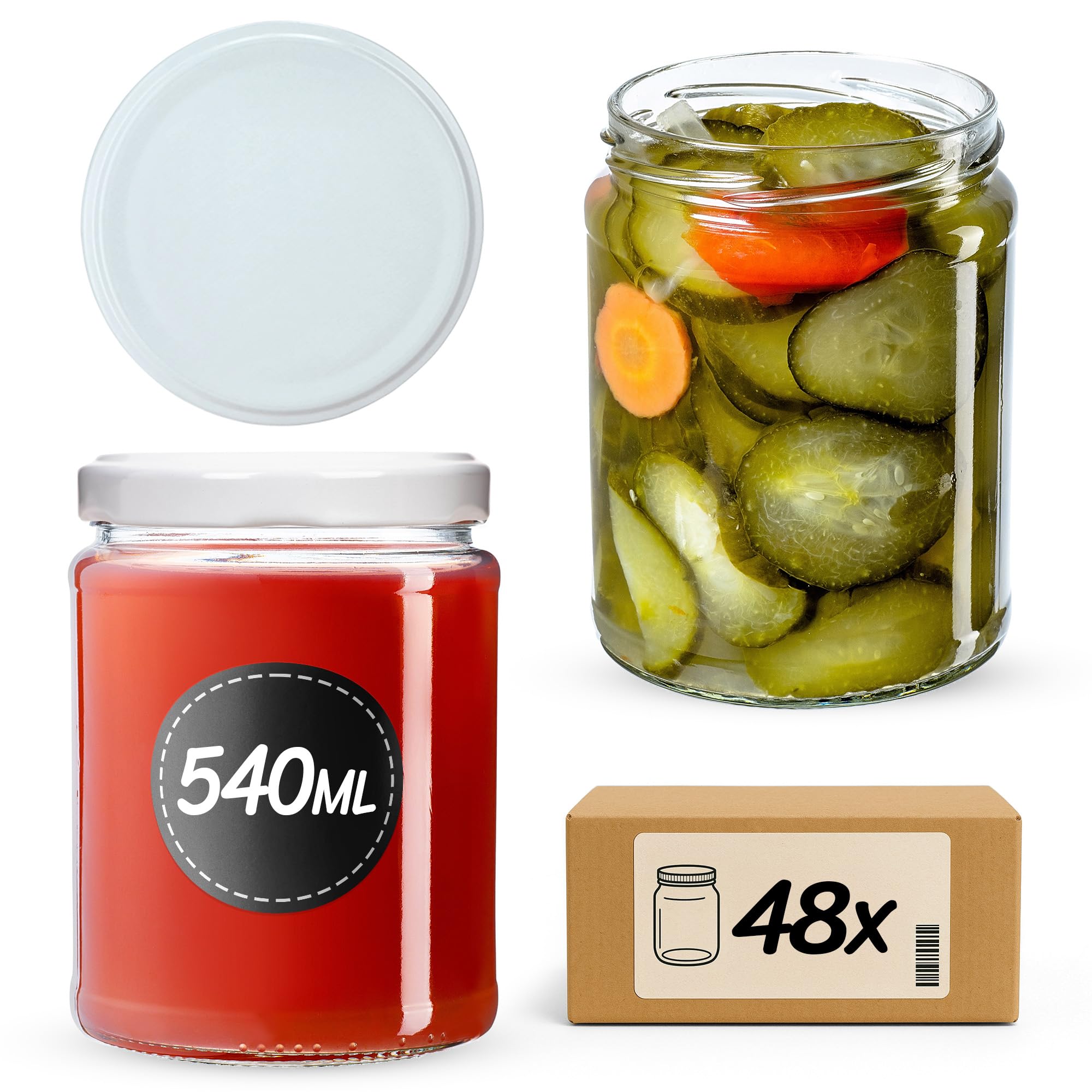 KADAX Weckgläser 540 ml - Botes Herméticos Tarros de Conservas Tarro Vidrio para Tapa de Rosca, Cristal, Mermelada, Tarro de Conserva, Tarros Redondos (Blanco, 48 Unidades)