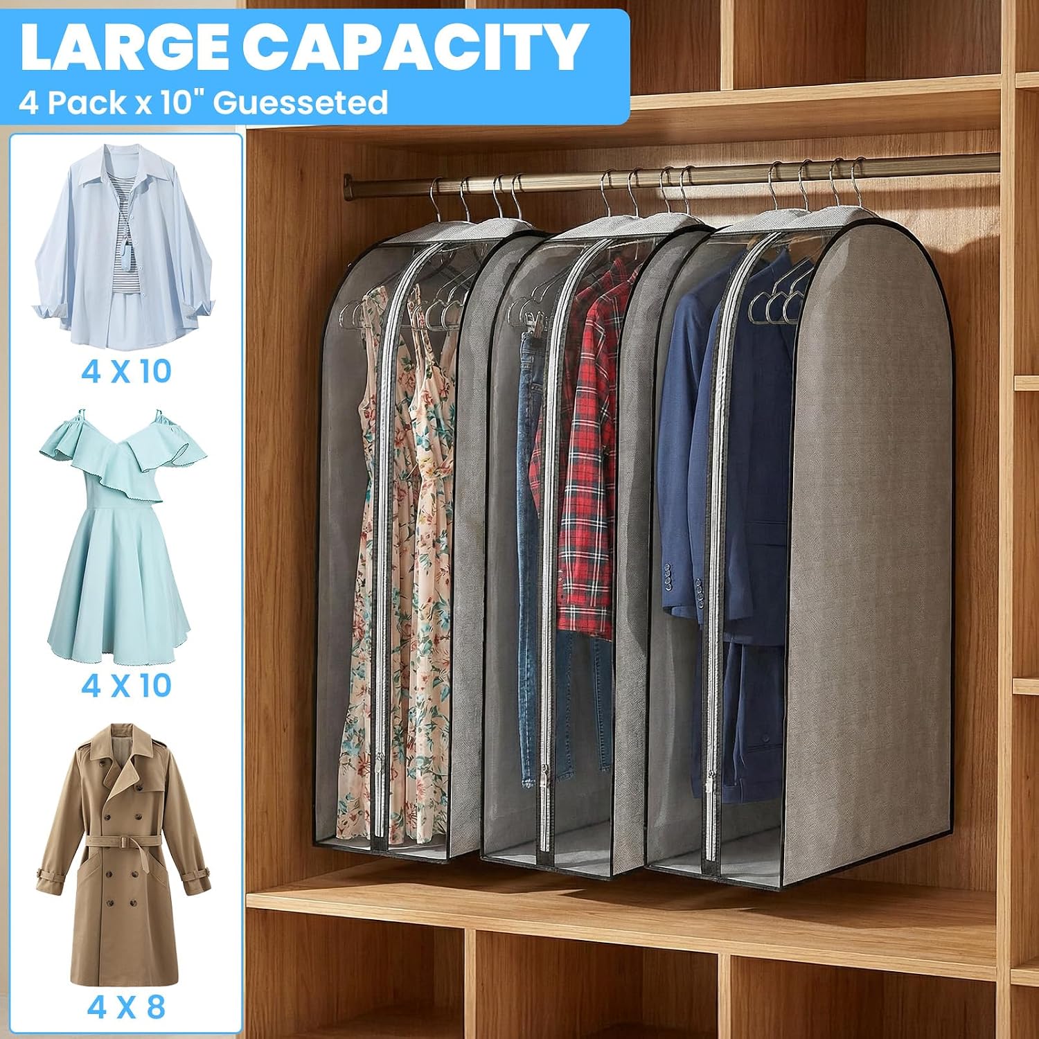 4 Pack Gusseted Clear Garment Bags for Hanging Clothes Suit Bags, 40 Inch Dust-Proof Breathable Clothing Covers with Full Zipper for Open Closet Storage, Jacket, Dress, Coat Protector