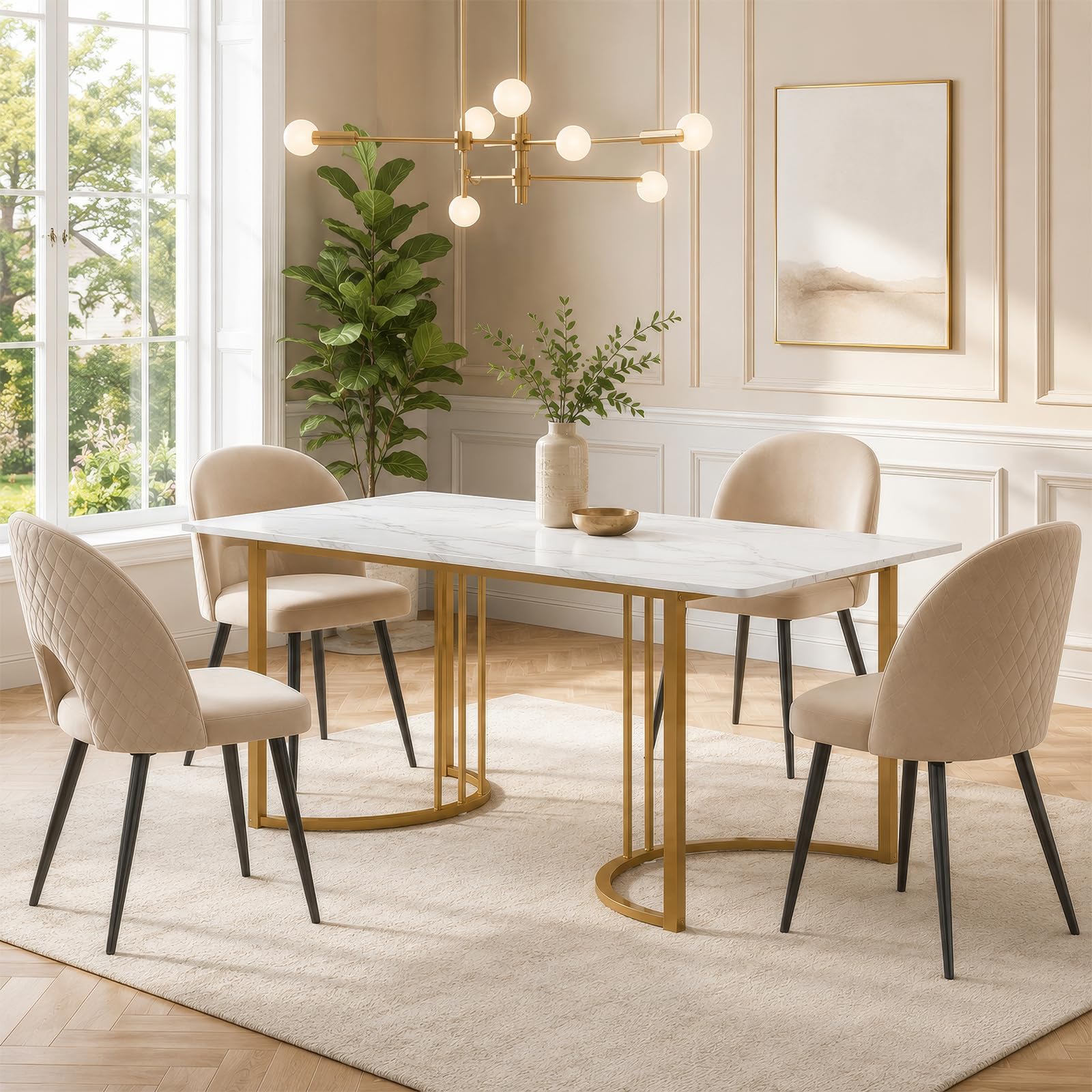 Esstisch 140 x 80 cm Weiß Gold, moderner Küchentisch mit Marmor-Optik, rechteckiger Esszimmertisch aus MDF mit Metallgestell, verstellbare Füße, für Esszimmer, Küche, Wohnzimmer