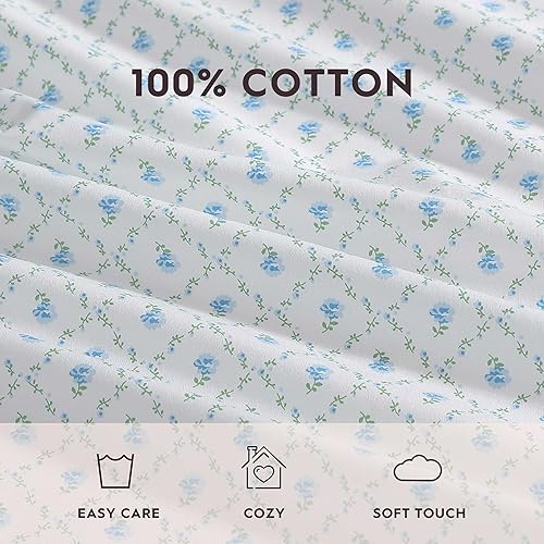 Miniatura 6 de Laura Ashley - Juego de sábanas, ropa de cama de algodón percal transpirable, 200 hilos, bolsillo profundo, elegante decoración del hogar (azul