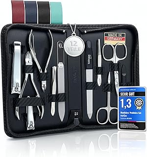 marQus Solingen Maniküre Set - 12 Teile in Kunstleder Etui handlich und weich - Komplett Kit mit allem für die Hand- und Fußpflege, Nagelset Carbon