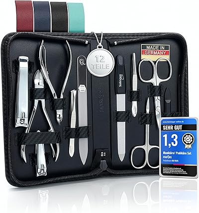 marQus Solingen Maniküre Set - 12 Teile in Kunstleder Etui handlich und weich - Komplett Kit mit allem für die Hand- und Fußpflege, Nagelset Carbon