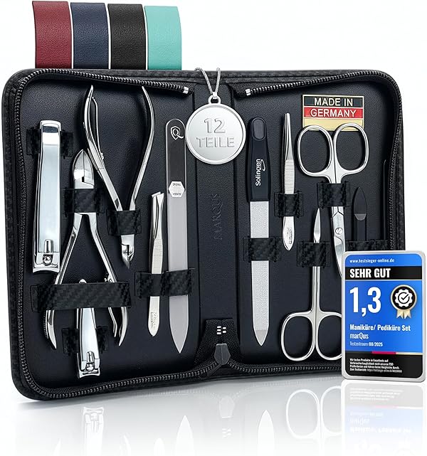 marQus Solingen Maniküre Set - 12 Teile in Kunstleder Etui handlich und weich - Komplett Kit mit allem für die Hand- und Fußpflege, Nagelset Carbon