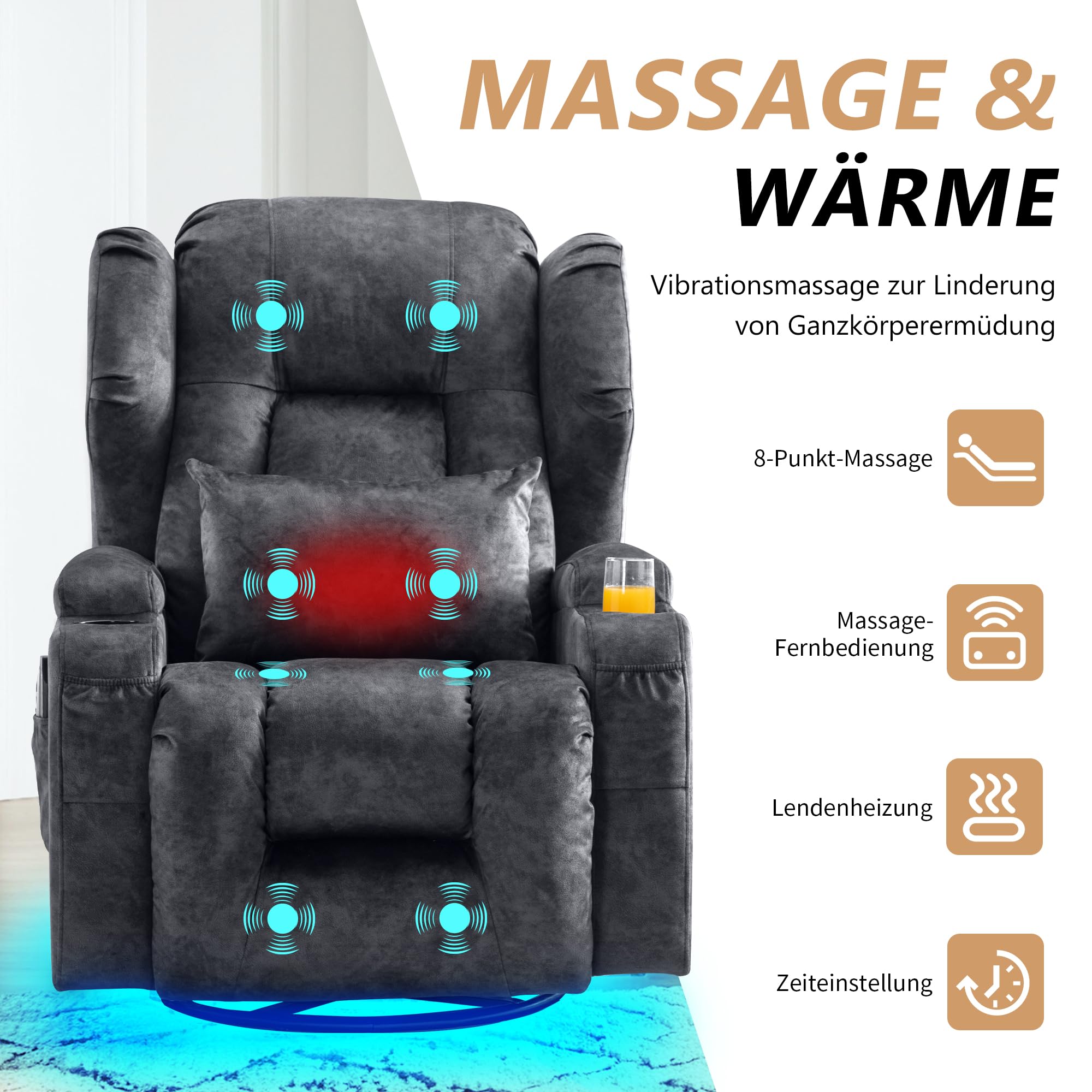 2 Motoren Elektrischer Verstellbar Relaxsessel mit Liegefunktion, Drehbarer Fernsehsessel TV Sessel mit Massage und Wärme, Kinosessel mit USB/LED/TYP C,bis 150 kg (Samt Grau, 1)
