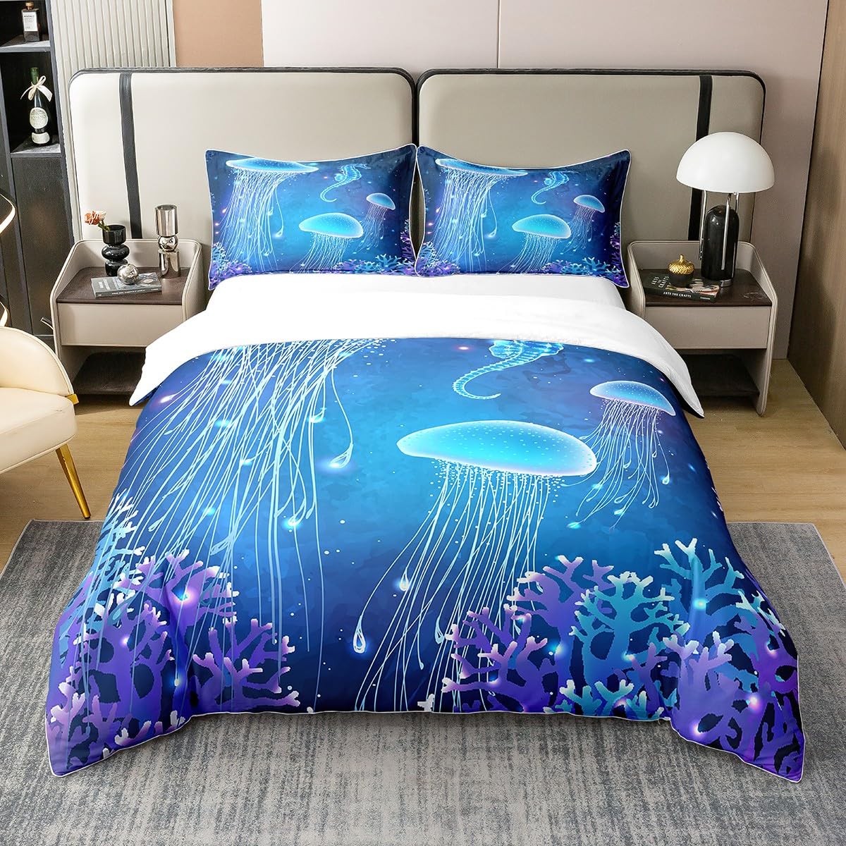 Loussiesd Set copripiumino in 100% cotone, motivo: meduse, per letto super king size, oceano, mare, creatura subacquea e mondo sottomarino, set di biancheria da letto per camera da letto, vita marina,