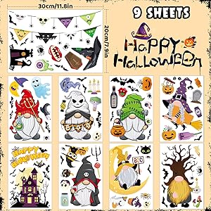 Orfonbi Halloween Window Clings for Kids - 9 Sheets Cute Halloween Window Decorations Gnome Window Stickers for Glass Windows Double Sided for Room Party