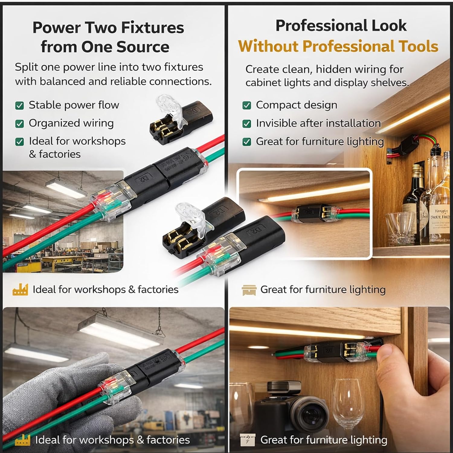 100PCS Bulk Double-Five-Wire Plug-in Connector Led Light Strip Connectors 2-5 Pin Low Voltage LED Wire Connector, Tool-Free T-Type & Inline Quick Connectors, No Stripping No Soldering