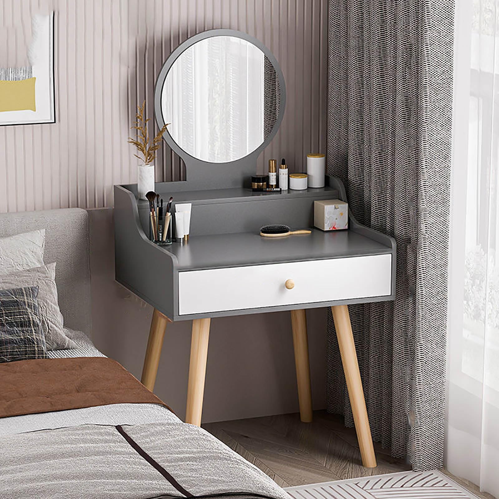 asdchZen Lighted Vanity Desk With Drawers, Makeup Table For Small Spaces, Compact White Dressing Table Without Stool, Ideal For Bedroom, 70Cm Size,Grey-50cm