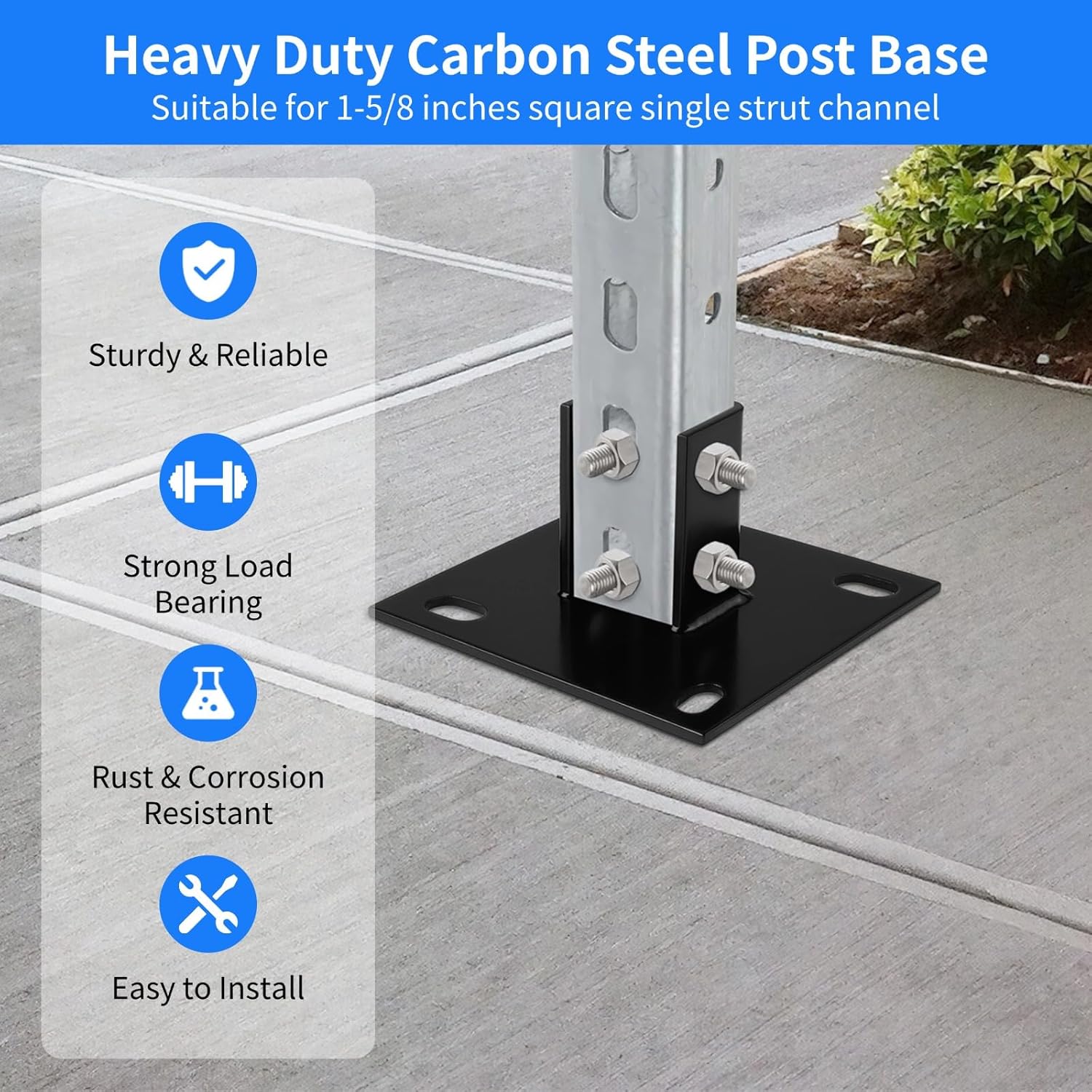 yeesport 6 PCS Strut Post Bases, 4 Slotted Holes U Post Base for 1-5/8 in Square Single Channel, 5.7 x 5.7 in Large Panel Anti-Tilt Ground Bracket, Heavy Duty Galvanized Carbon Steel Floor Post Base