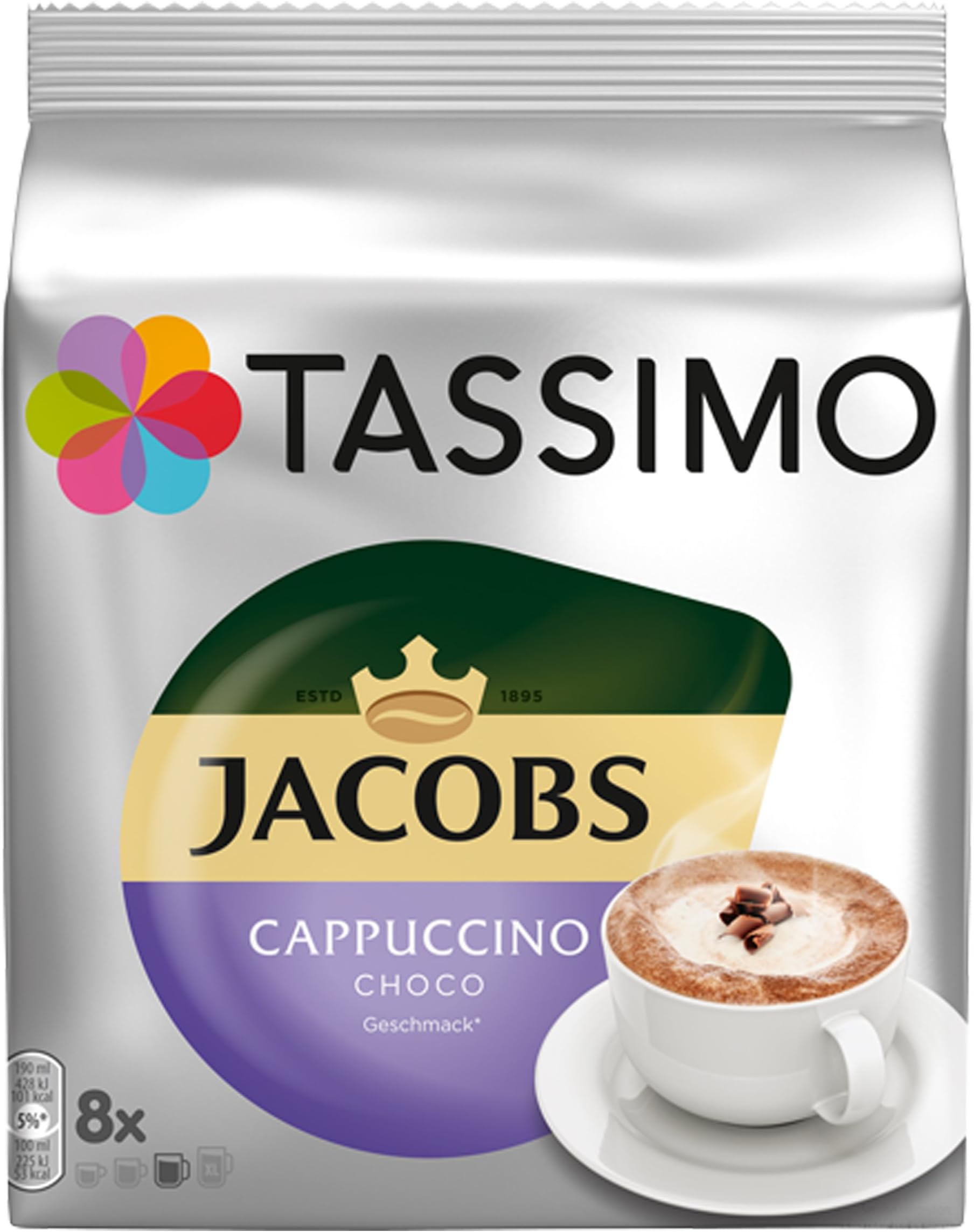 Tassimo Jacobs Cappuccino Choco, Coffee, Milk, Cocoa, Capsules, 8 T-Discs