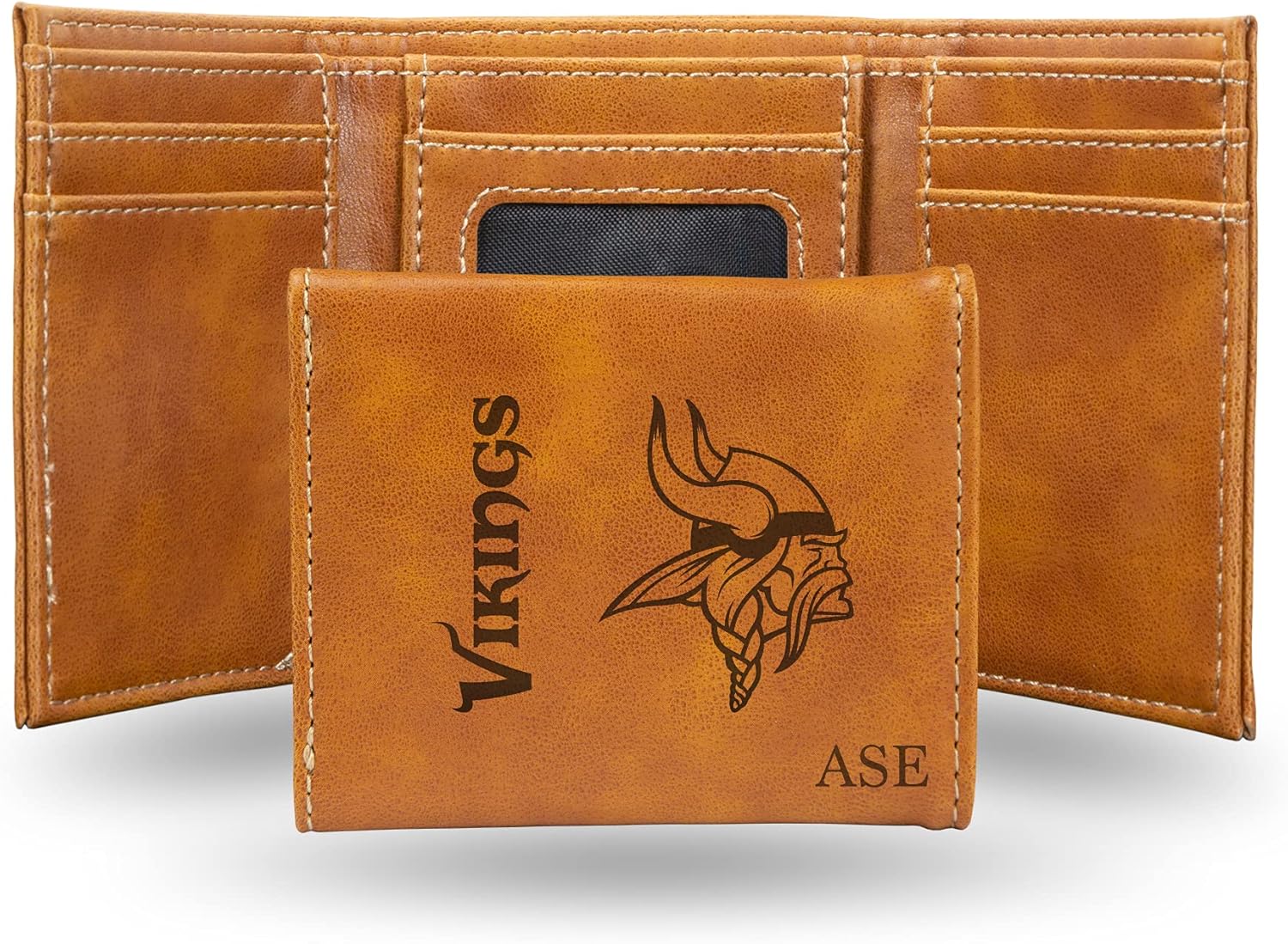 Rico Industries NFL Football Minnesota Vikings Brown Personalized-Custom Laser Engraved Faux Leather Tri-fold Wallet - Slim Wallet