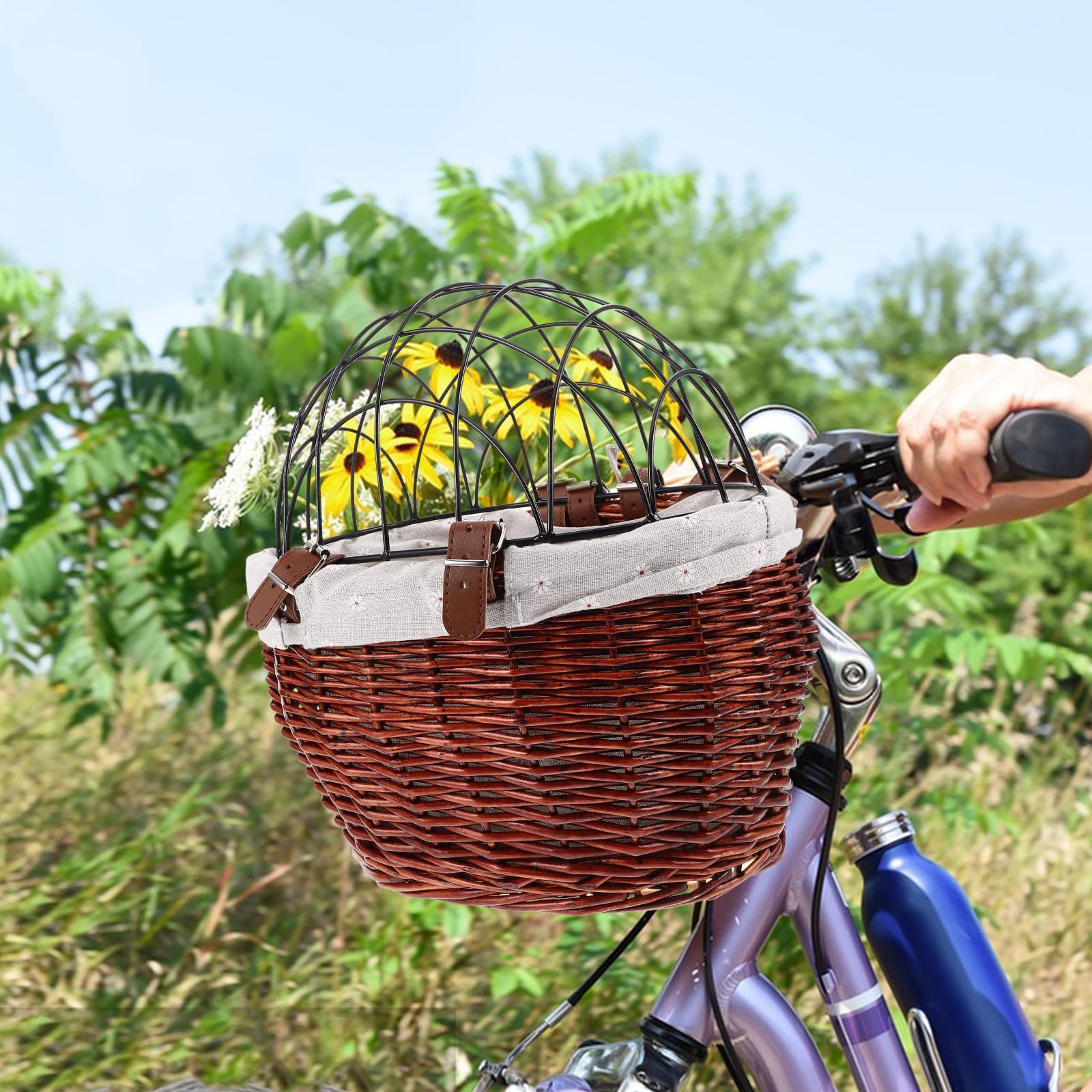 Cestino da Bici Anteriore in Vimini per Cani e Animali Domestici, Sicuro e Multifunzionale con Copertura a Rete, per Spostamenti e Shopping