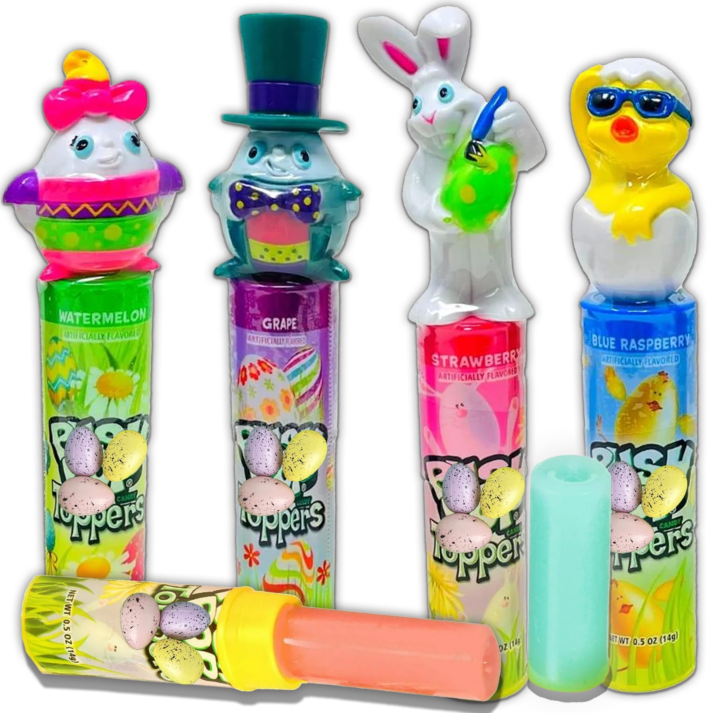 Push Pops Candy Lollipops, 4 Count Individually Wrapped with Assorted Toppers, Chick, Egg and Bunny, Assorted Fruit Flavors, Variety Party Pack, Treats for Eater Basket Stuffers, Kids Easter Egg Hunt