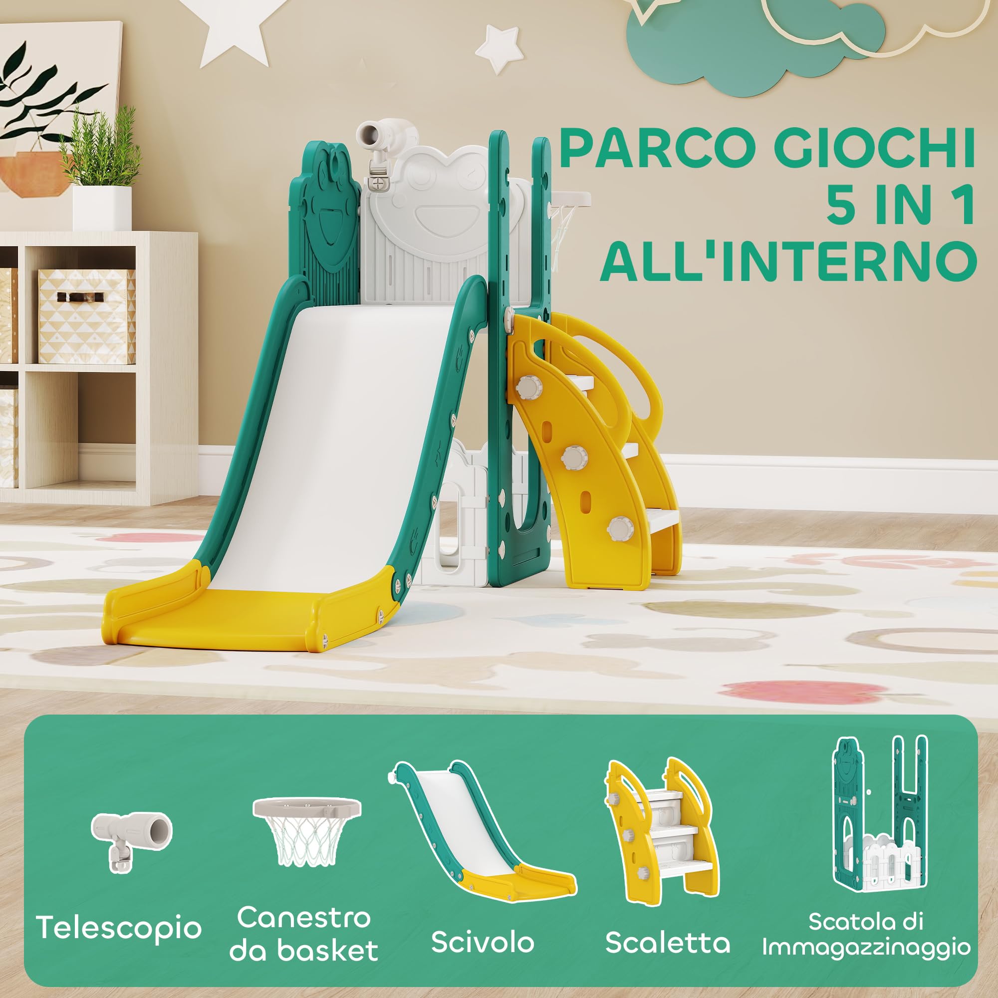 AIYAPLAY Set Scivolo per Bambini 5 in 1 con Canestro, Scaletta, Telescopio Giocattolo e Contenitori, Giochi per Bambini da Interno ed Esterno Età 1-3 Anni, Giallo