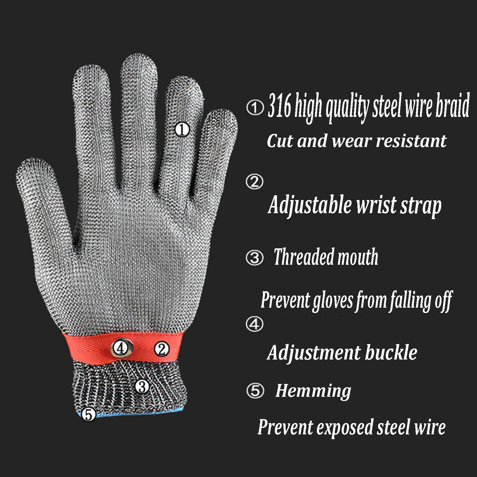 Guantes anticorte Guantes de acero 316L resistentes a cortes, guantes de trabajo de seguridad con protección de nivel 5, utilizados para protección de corte de carne en hogares y restaurantes (ta