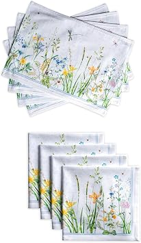 Maison d Hermine Fleurs De Mai Bundle Set 100% Cotton Set of 4 Cloth Napkins 20 Inch by 20 Inch and Set of 4 Placemats 13 Inch by 19 Inch