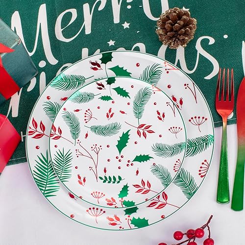 Miniatura 9 de Liacere 150 platos de plástico de Navidad, platos de plástico verde y rojo, platos de fiesta de Navidad incluyen 60 platos de bayas de acebo, 90