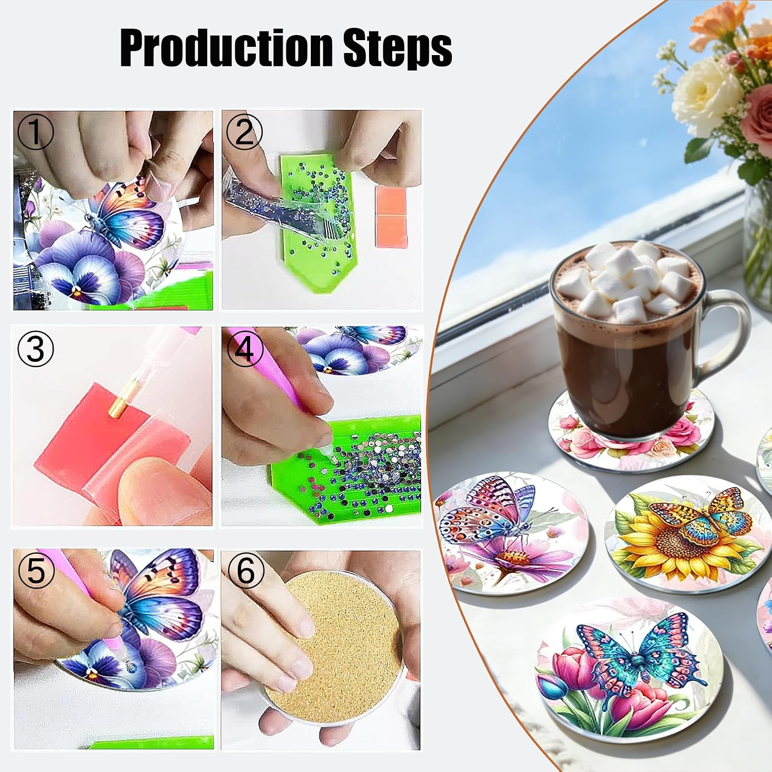 Diamond Art Coasters 8 Pack with Holder DIY Diamond Painting Coasters Crafts Kits for DIY Coaster Diamond Art Kits for Adults Gift 4X4 in (Butterfly-8pc)