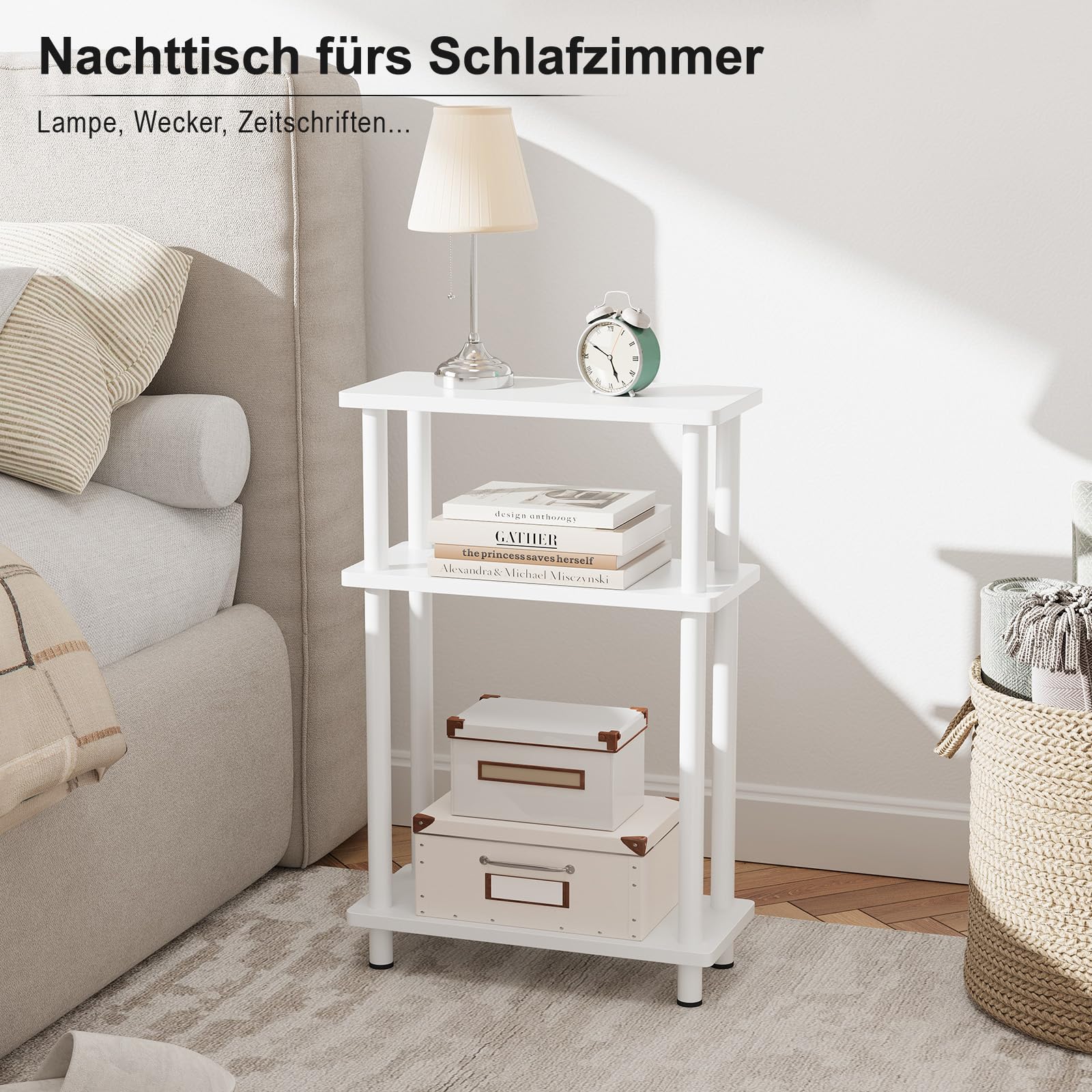 YOUDENOVA Mesa Auxiliar Sofa Estrecha, Mesa Auxiliar de 3 Niveles, Mesita Auxiliar Salon de Estar con Almacenamiento, Ideal para Sala de Estar, balcón, Dormitorio y Estudio, Blanco