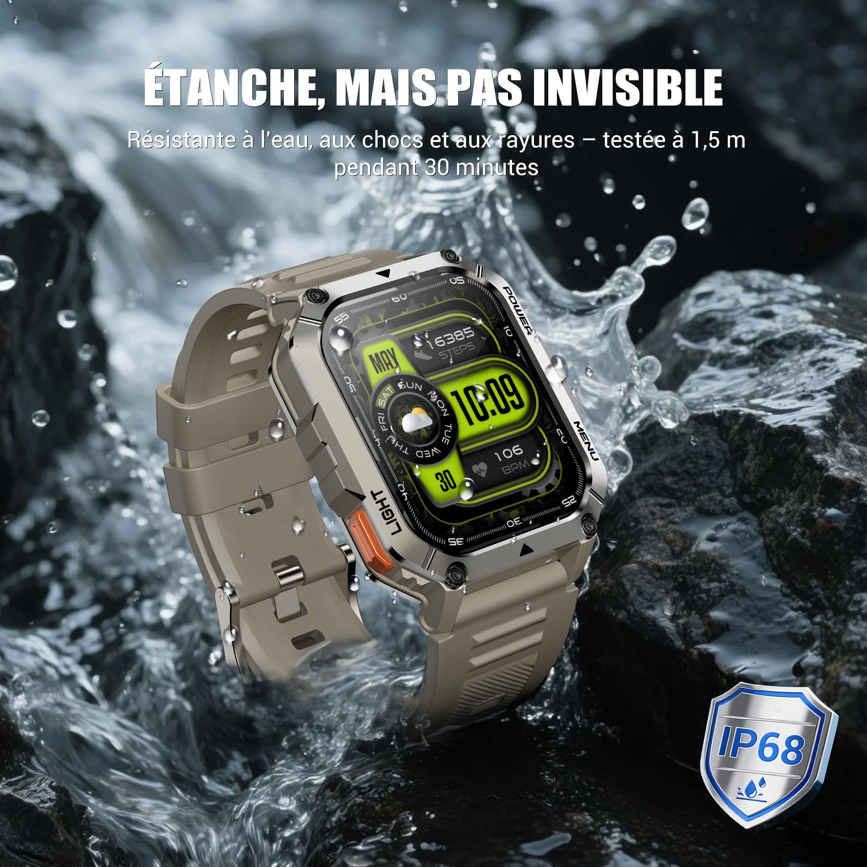 IOWODO Montre Connectée Homme Femme W70pro, Illumination,Batterie 900 mAh, Écran Tacile 2.01" TFT, Appel Bluetooth, Cardiofréquence/SPO2, Analyse Sommeil, 100+ Modes Sport,pour Android/iOS (Kaki)
