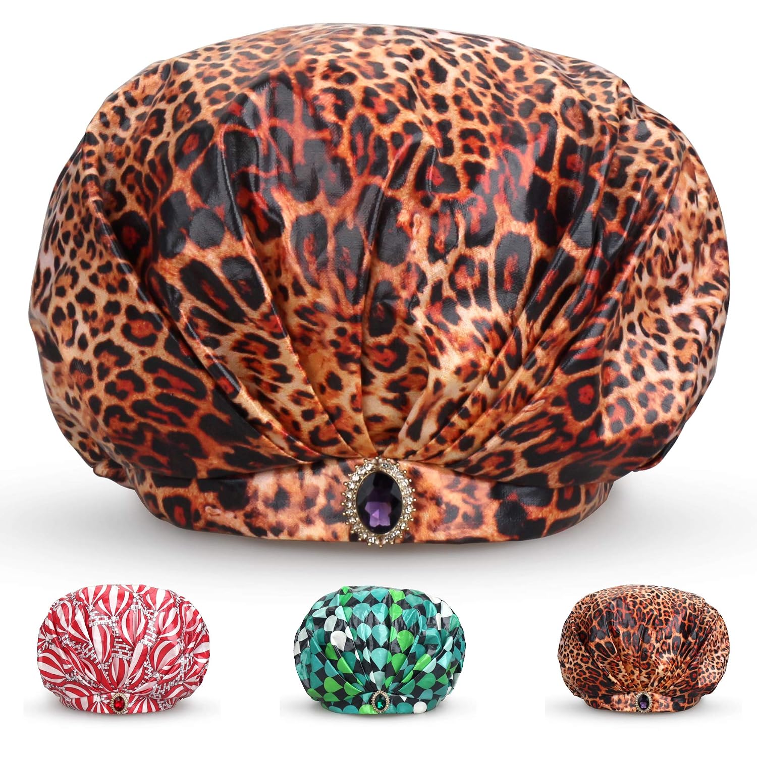 Waterproof Reusable Women Shower Cap Turban Cotton Fabric Cute Bonnet - Leopard