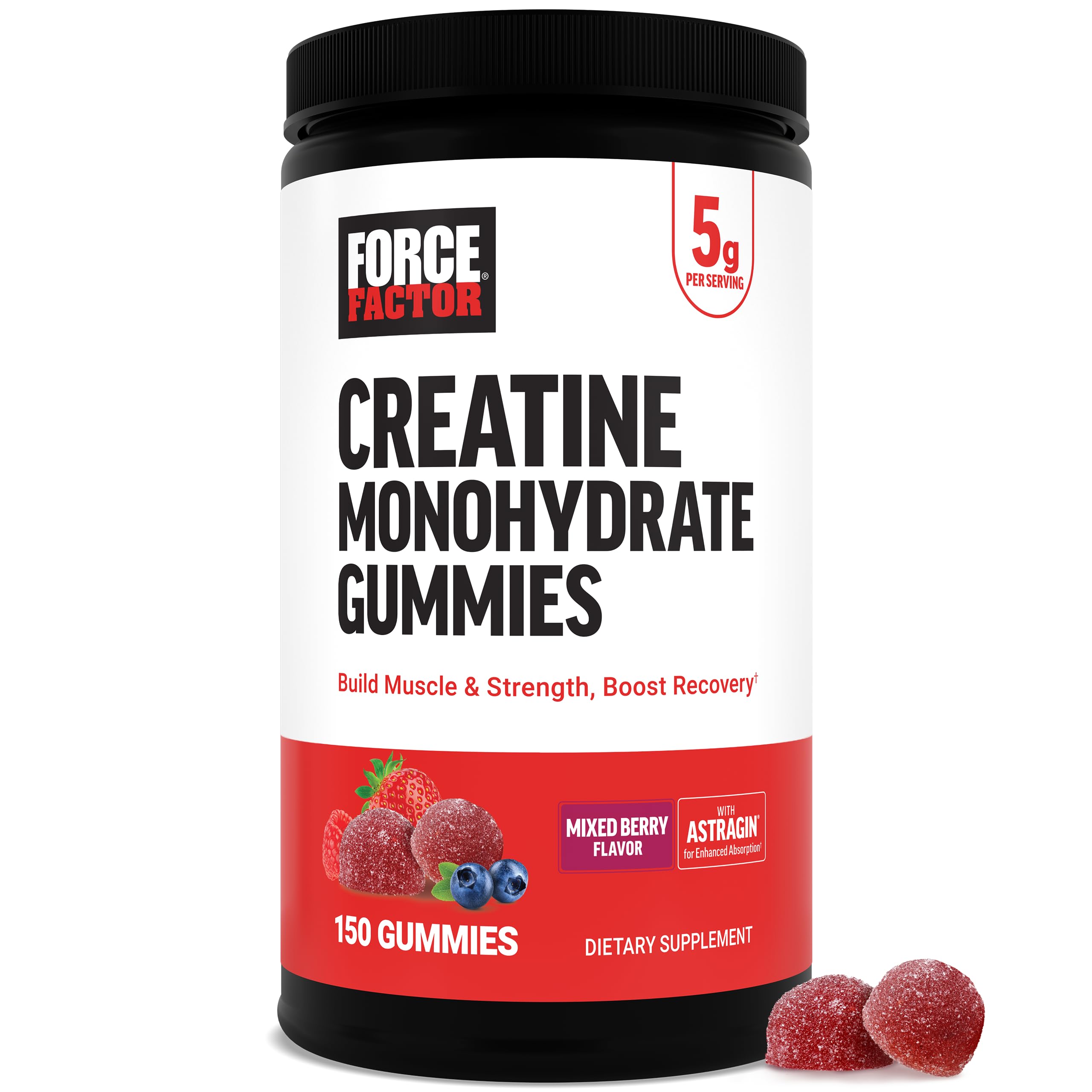 Force Factor Creatine Monohydrate Gummies, 5g Dose for Men & Women to Support Muscle, Strength, Recovery, Cognitive Health & Memory, Mixed Berry, 150 Gummies