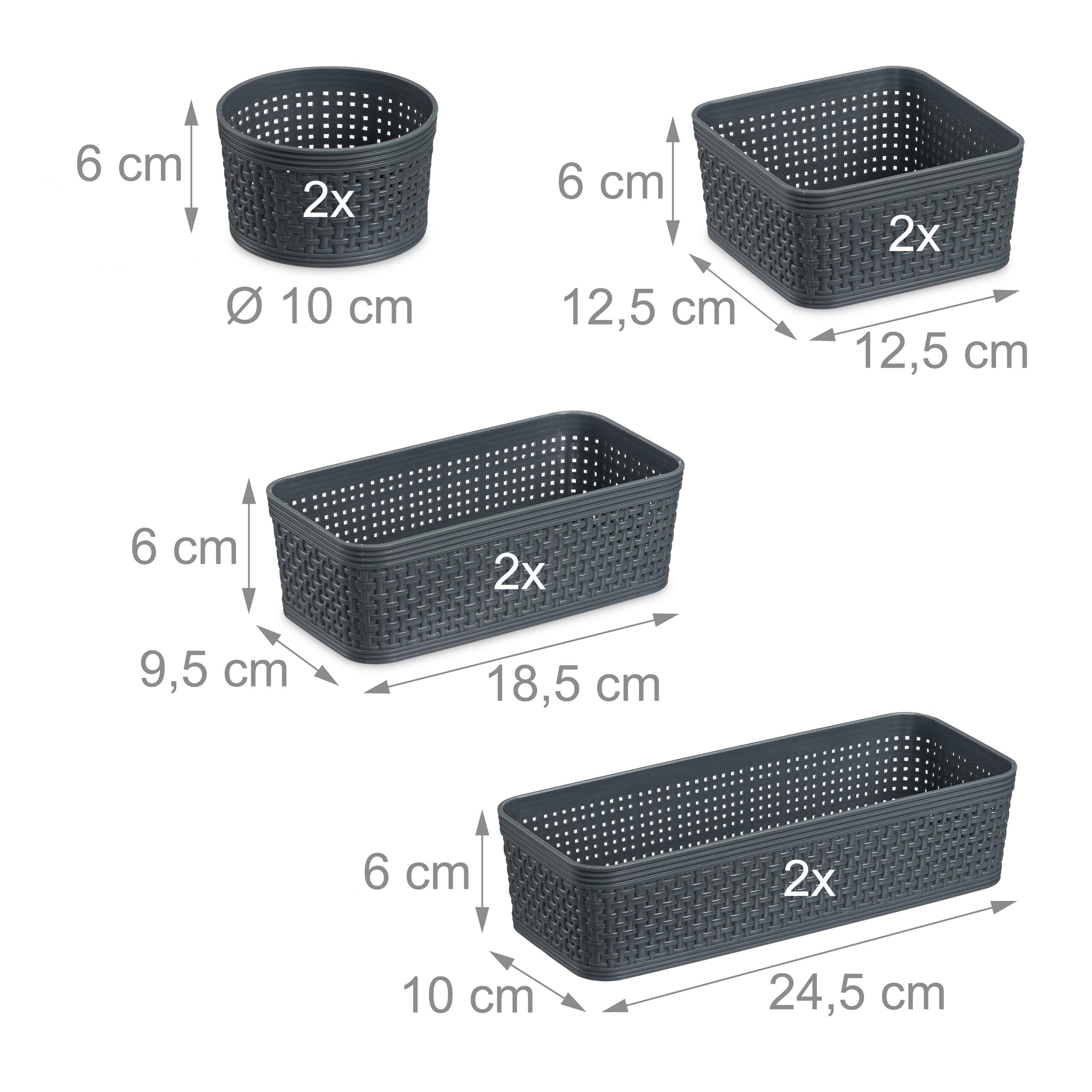 Relaxdays Organizador de Cajones, Set 10 Piezas, Cajas Organización Baño, Diferentes Tamaños, Plástico, Cestas, Gris