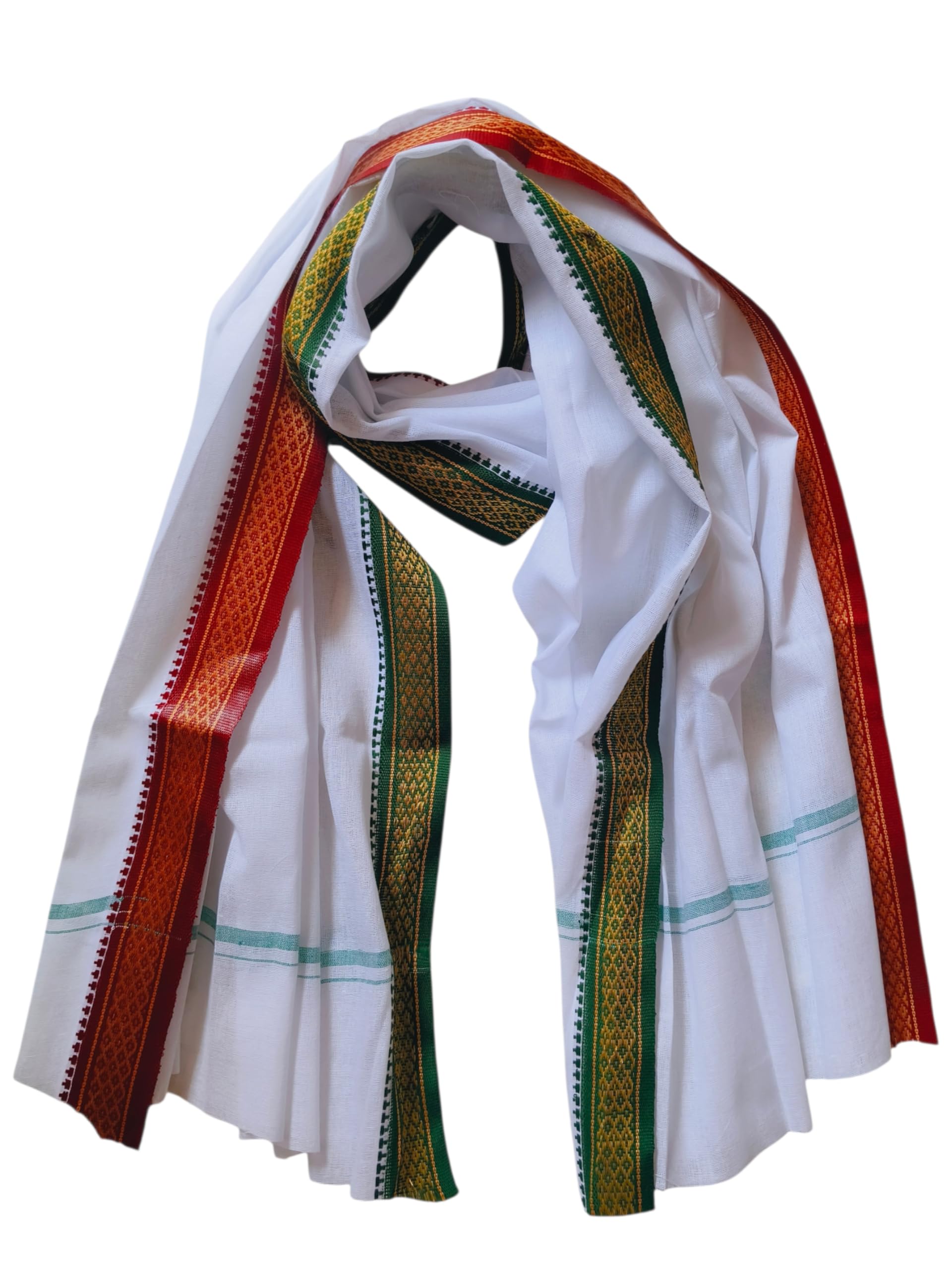 Pure Cotton White Gamcha for Men and Boys Bath Towel- Soft, Thalapathi, and Quick-Drying,Red and Green Border Pack of 1-image-38