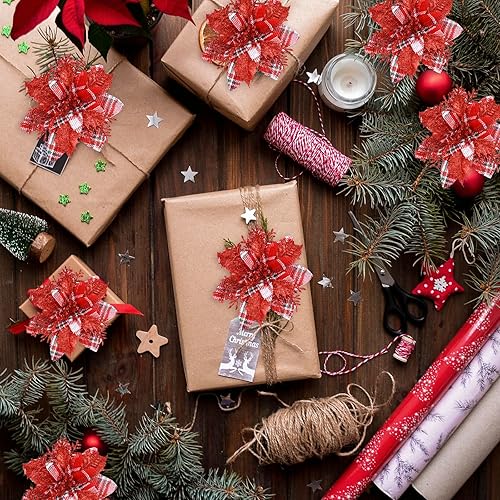 Miniatura 101 de GREENTIME 12 flores de Pascua artificiales azules con purpurina de 5.5 pulgadas, flores de Navidad con clips, tallos de Navidad, adornos para árbol