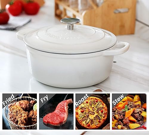 Vista 13 de Olla de horno holandés de hierro fundido esmaltado con tapa para cocinar, hornear pan, horno de pan, 5.5 cuartos de galón, azul lago